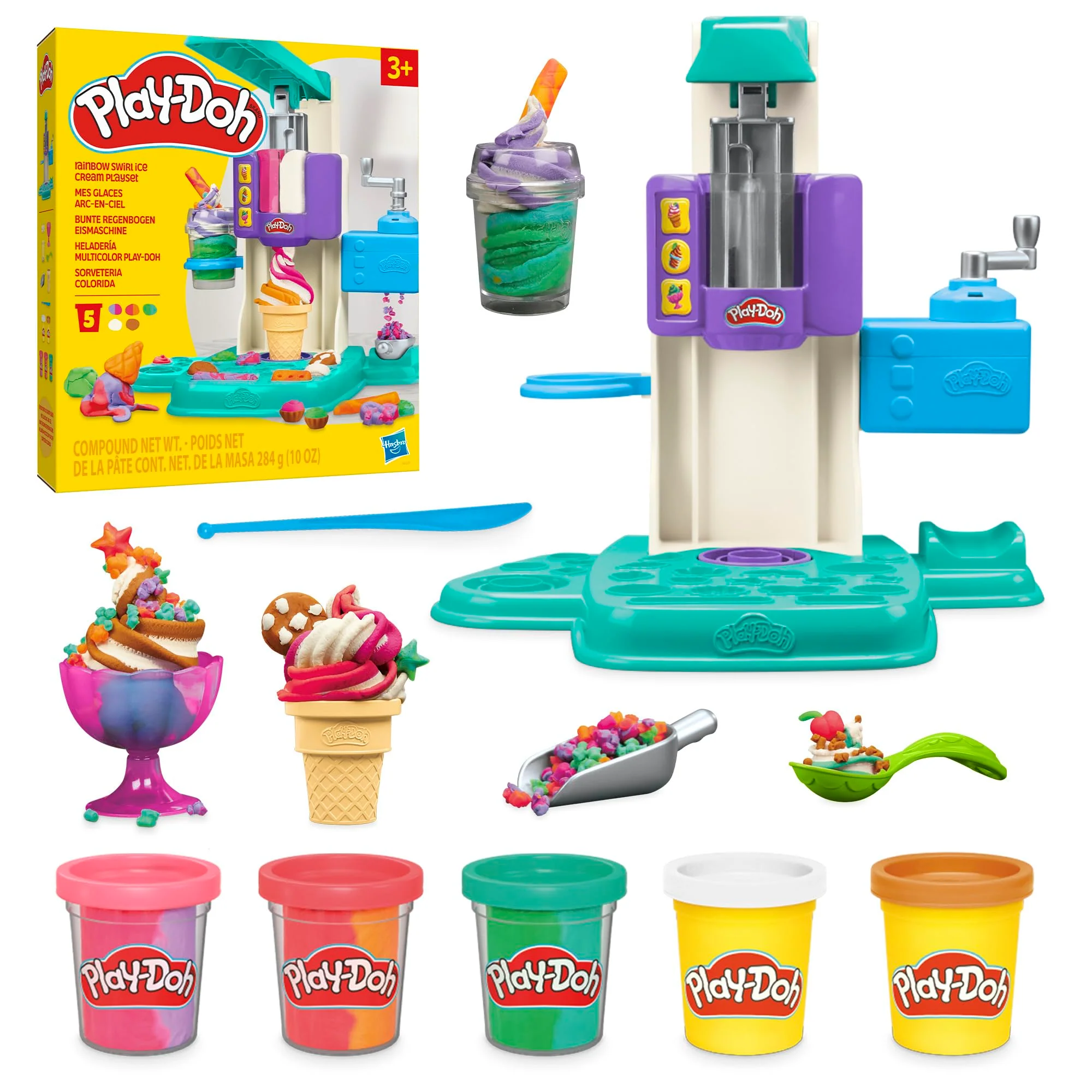 Play-Doh Bunte Regenbogen Eismaschine, 2 x 56g einfarbig & 3 x 56g zweifarbig, Spielküchen-Set mit Zubehör, kreatives Spielen für Kinder ab 3 Jahren