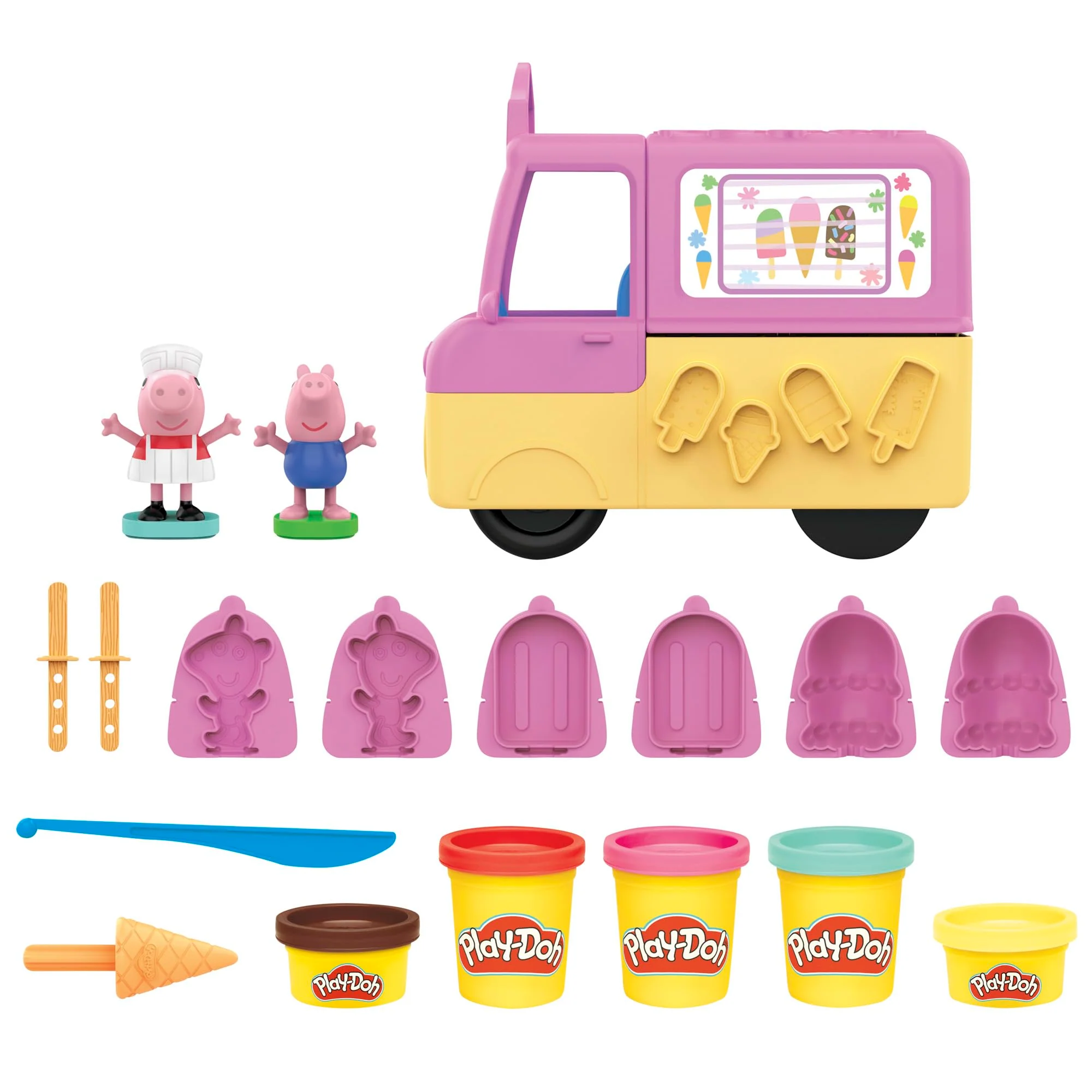 Play-Doh Peppas Eiswagen Bastel-Set, 3 x56g Dosen und 2 x 28 g Dosen Modelliermasse, Peppa und Schorsch Figuren und viele Accessoires und Formen, kreatives für Kinder ab 3 Jahren