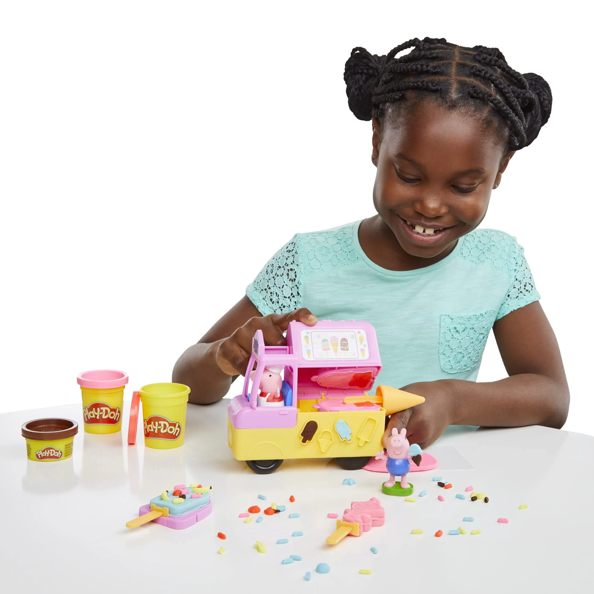 Play-Doh Peppas Eiswagen Bastel-Set, 3 x56g Dosen und 2 x 28 g Dosen Modelliermasse, Peppa und Schorsch Figuren und viele Accessoires und Formen, kreatives für Kinder ab 3 Jahren - Image 7