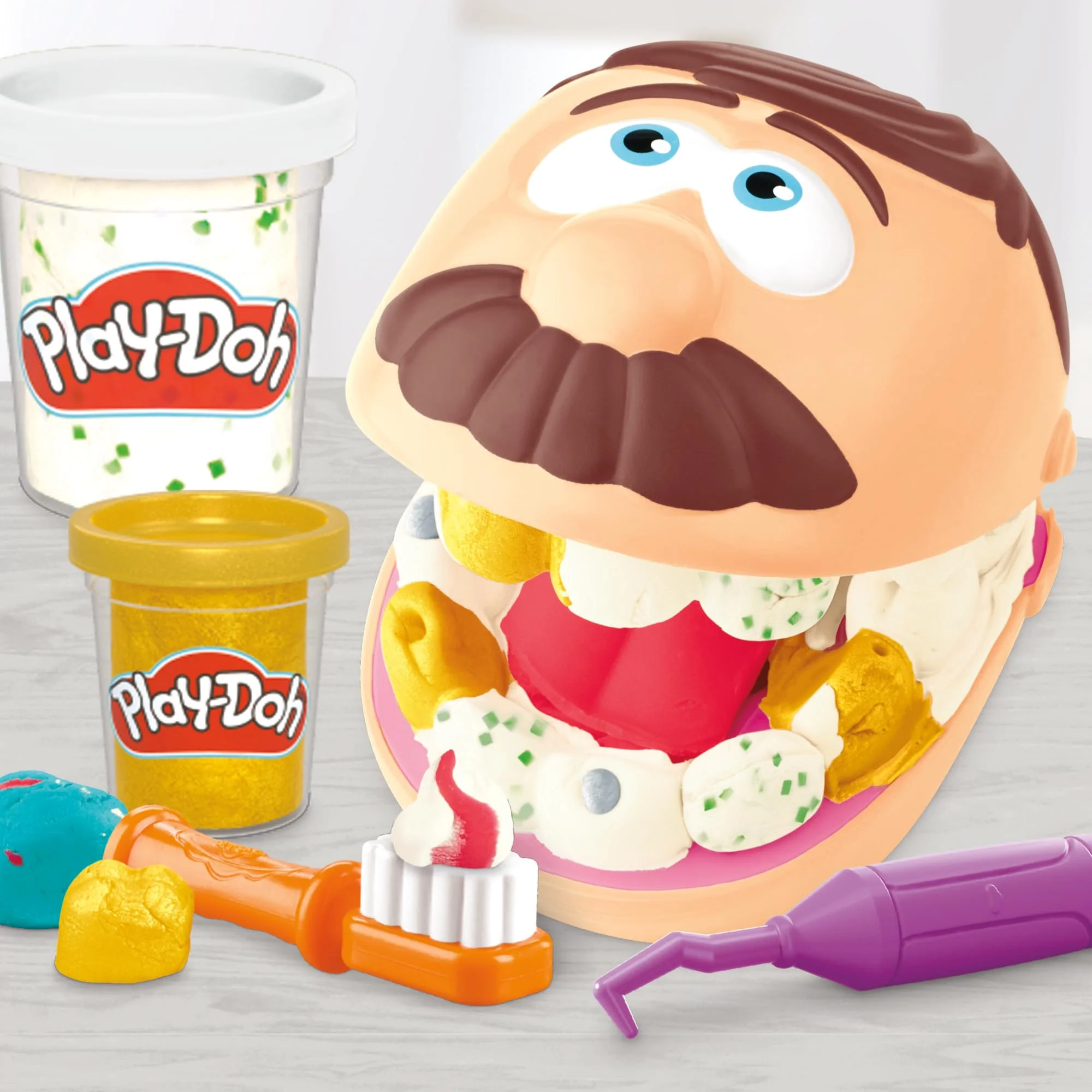 Play-Doh Zahnarzt Dr. Wackelzahn Bastel-Set mit 8 x 56g Becher und 10 Werkzuegen zum Formen, mit Kariesknete und metallfarbener Knete, kreatives für Kinder - Image 9