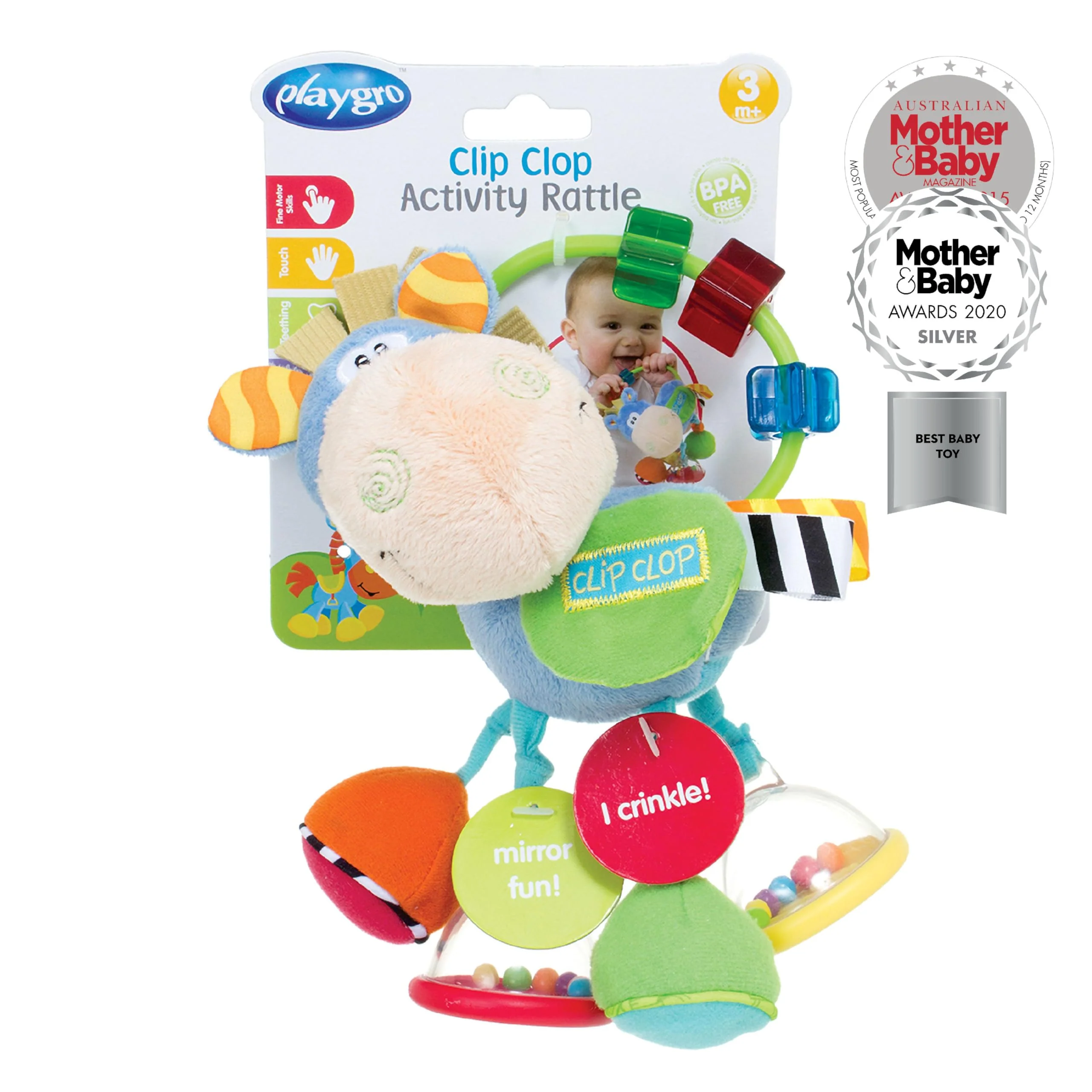 Playgro 101145 Plüschrassel Pferd, Lernspielzeug, Ab 3 Monaten, BPA-frei, Playgro Toy Box Pferd Klipp Klapp, Blau/Bunt, 40016, Größe: 15 x 6 x 20 cm , 1 Stück - Image 6