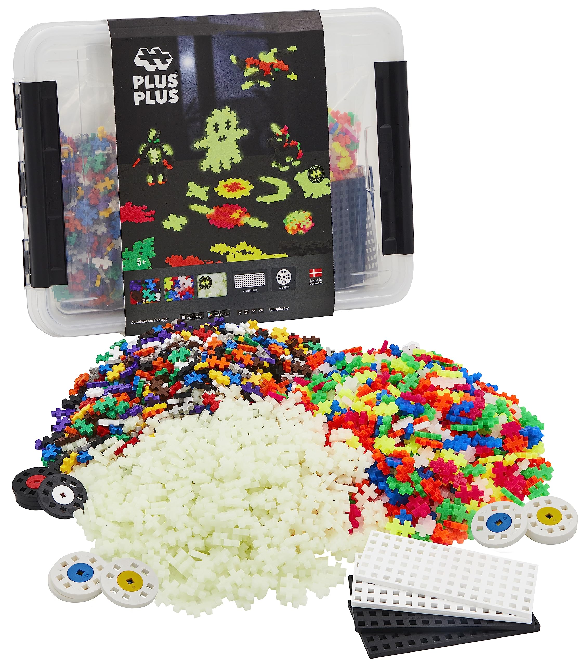 Plus-Plus 9603919 Geniales Konstruktionsspielzeug, Basic XXL Mega-Set, Glow in The Dark, Kreativ-Bausteine, 2000 Teile, Ab 5 Jahren