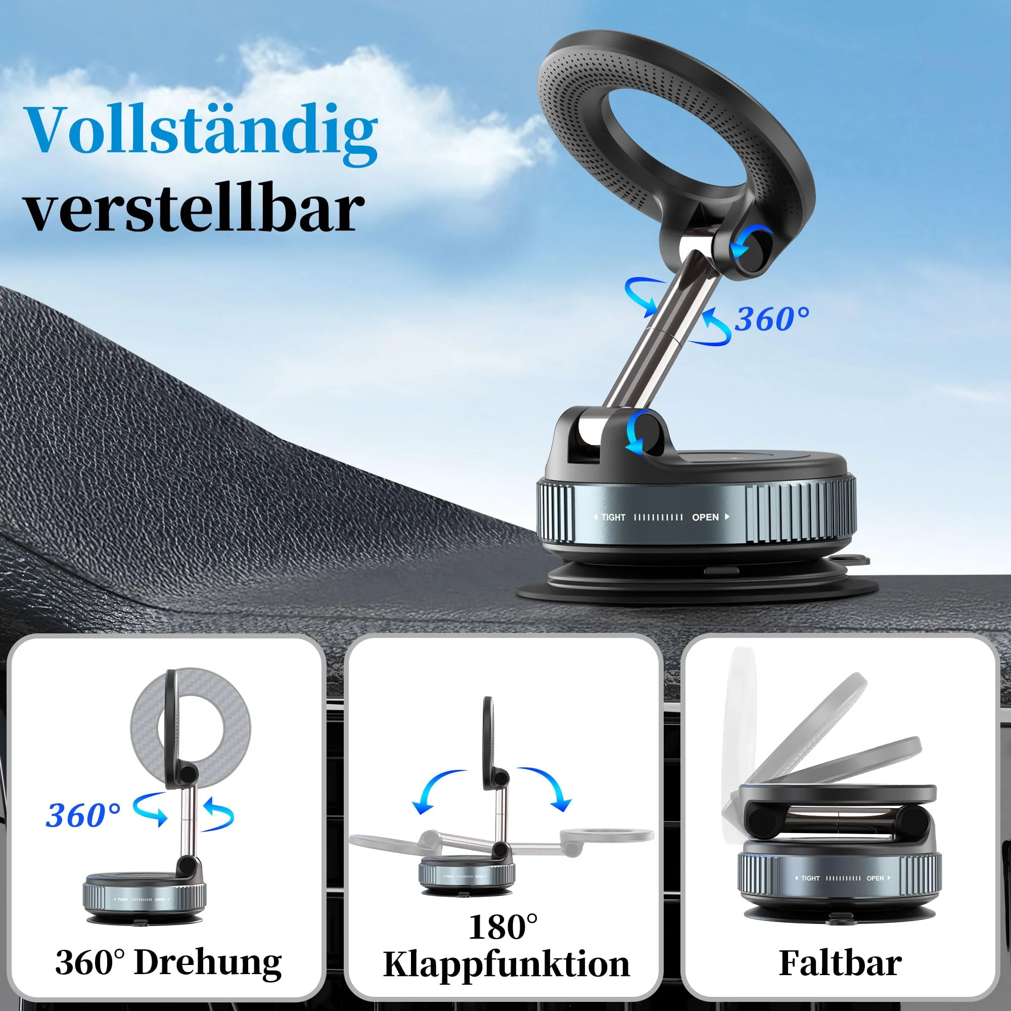 PlusAcc Vakuum Handyhalterung Auto Saugnapf - 360°Drehbar Zusammenklappbar Tragbar Magnetisch Handy Halter für iPhone 17/16/15/14/13/12 an Windschutzscheibe/Armaturenbrett/Spiegel befestigt - Image 5