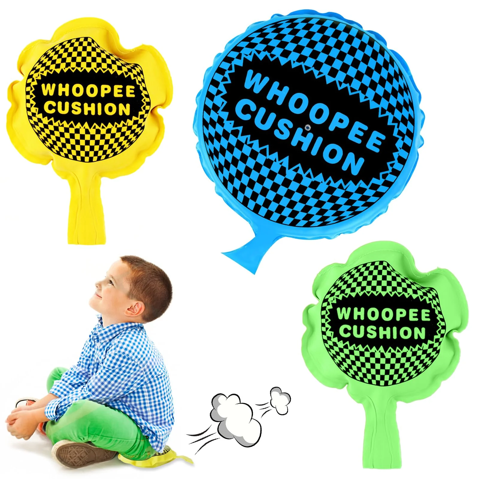 Pluvyze 3 Stück Pupskissen Furzkissen Groß Laut, Furzkissen Kinder Streichrequisiten, Selbstaufblasend Cushion Pupskissen Partyspielzeug Für Erwachsene Und Kinder (Blau, Grün, Gelb)