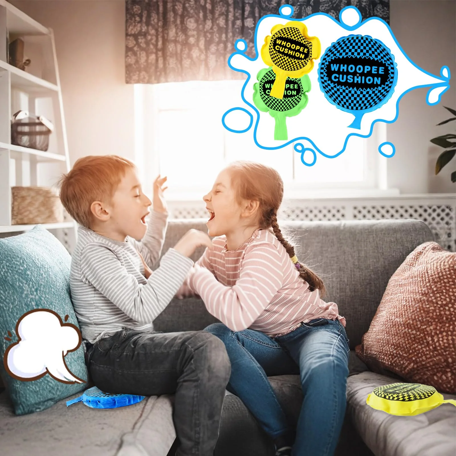Pluvyze 3 Stück Pupskissen Furzkissen Groß Laut, Furzkissen Kinder Streichrequisiten, Selbstaufblasend Cushion Pupskissen Partyspielzeug Für Erwachsene Und Kinder (Blau, Grün, Gelb) - Image 5