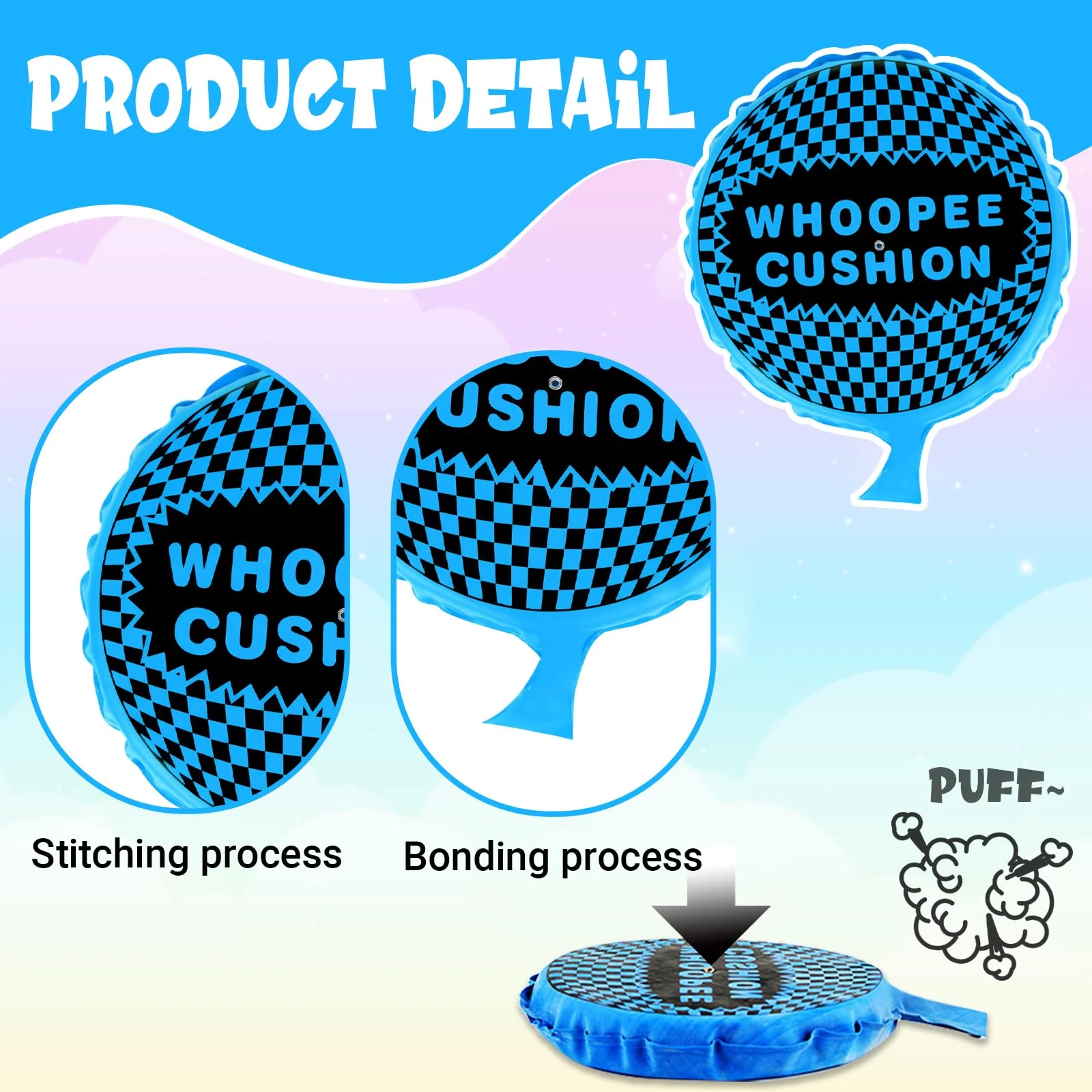 Pluvyze 3 Stück Pupskissen Furzkissen Groß Laut, Furzkissen Kinder Streichrequisiten, Selbstaufblasend Cushion Pupskissen Partyspielzeug Für Erwachsene Und Kinder (Blau, Grün, Gelb) - Image 7