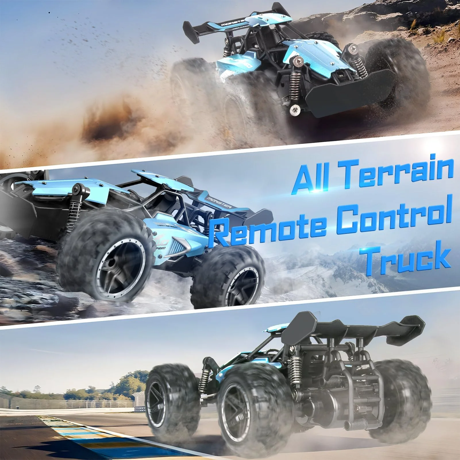 Pmgud Ferngesteuertes Auto, 2,4 GHz 1:18 Proportional 2WD 20+ km/h Hobby Offroad Monster RC Truck, wasserdichte RC Truggy RTR Geländegängig Spielzeug-blau - Image 3
