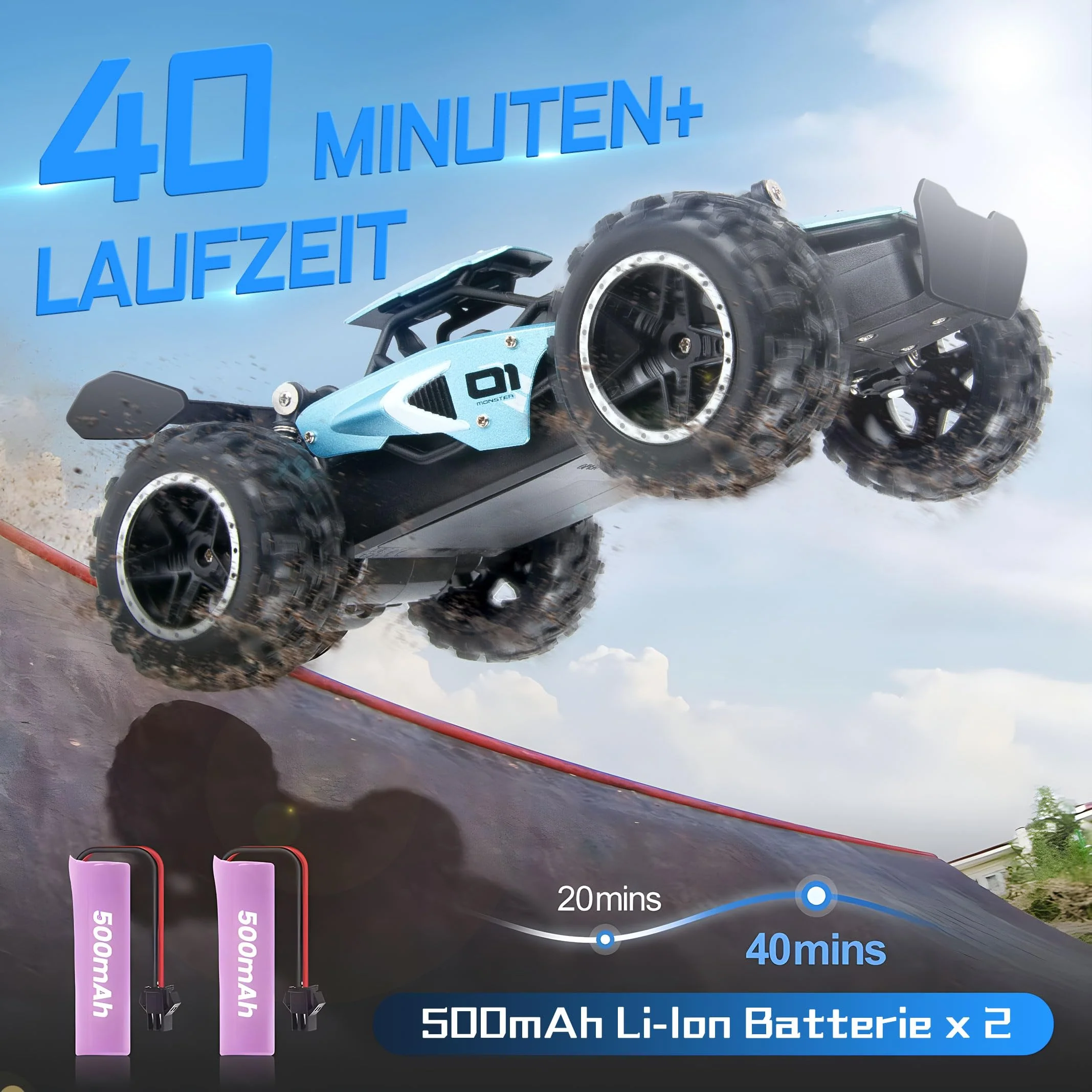 Pmgud Ferngesteuertes Auto, 2,4 GHz 1:18 Proportional 2WD 20+ km/h Hobby Offroad Monster RC Truck, wasserdichte RC Truggy RTR Geländegängig Spielzeug-blau - Image 4