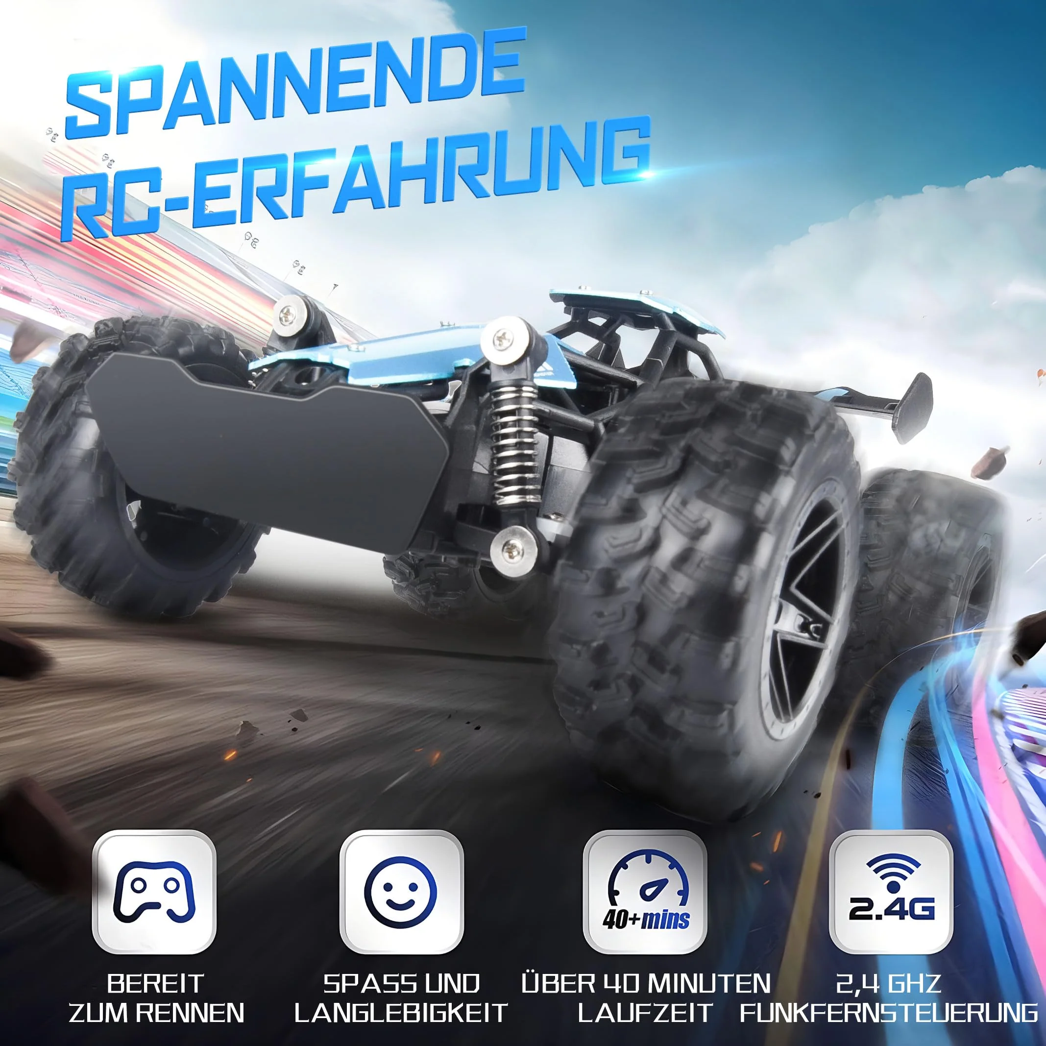 Pmgud Ferngesteuertes Auto, 2,4 GHz 1:18 Proportional 2WD 20+ km/h Hobby Offroad Monster RC Truck, wasserdichte RC Truggy RTR Geländegängig Spielzeug-blau - Image 5