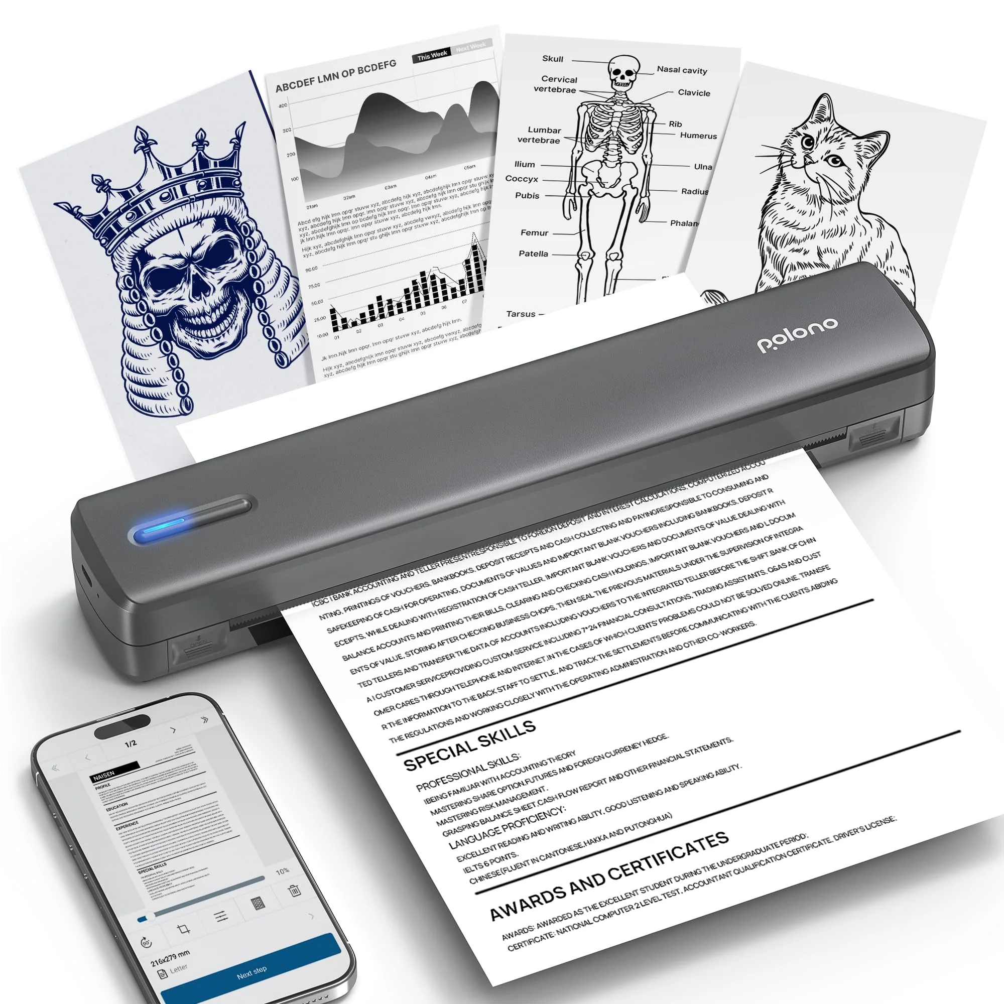 POLONO D810 Thermodrucker A4 Wireless für Reisen, Mobiler Drucker A4 Unterstützung für 8.5"x11" US Brief, Tragbarer drucker Kompatibel mit iOS, Android, Laptop für Büro, Auto, Dunkelgrau