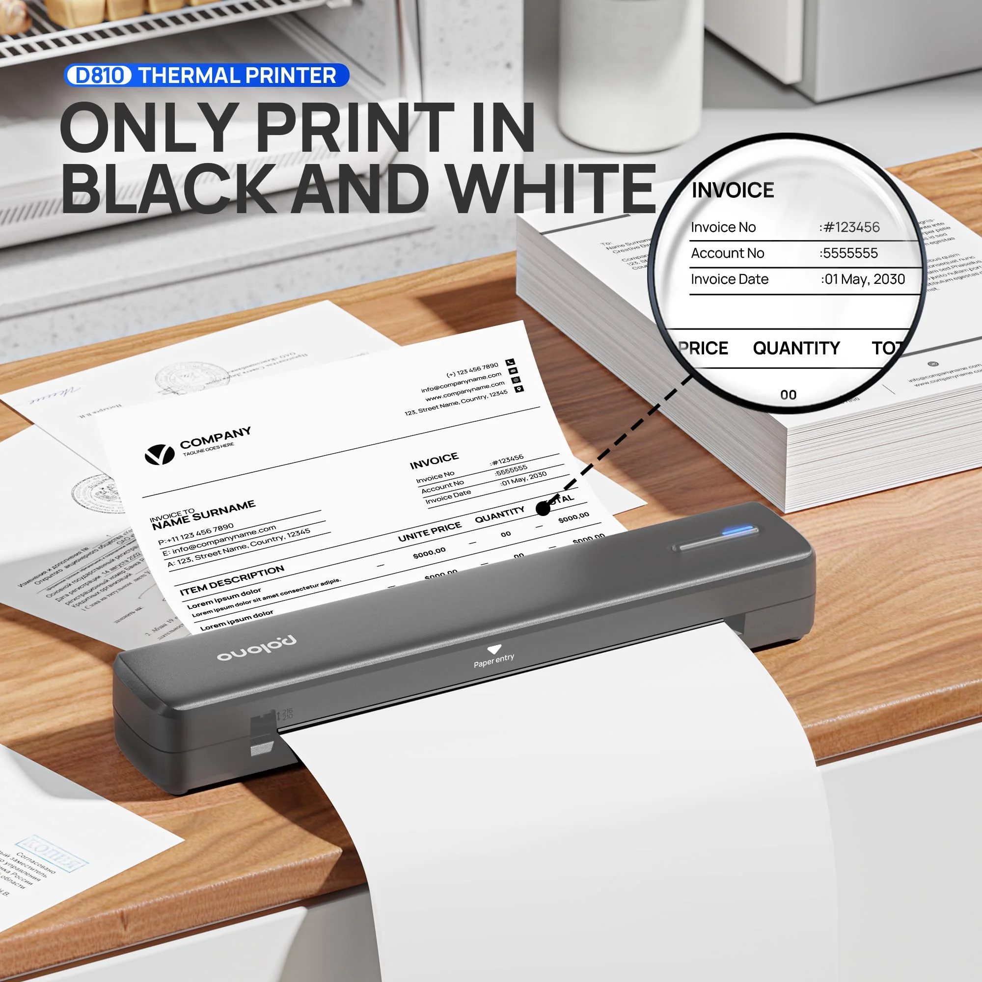 POLONO D810 Thermodrucker A4 Wireless für Reisen, Mobiler Drucker A4 Unterstützung für 8.5"x11" US Brief, Tragbarer drucker Kompatibel mit iOS, Android, Laptop für Büro, Auto, Dunkelgrau - Image 7