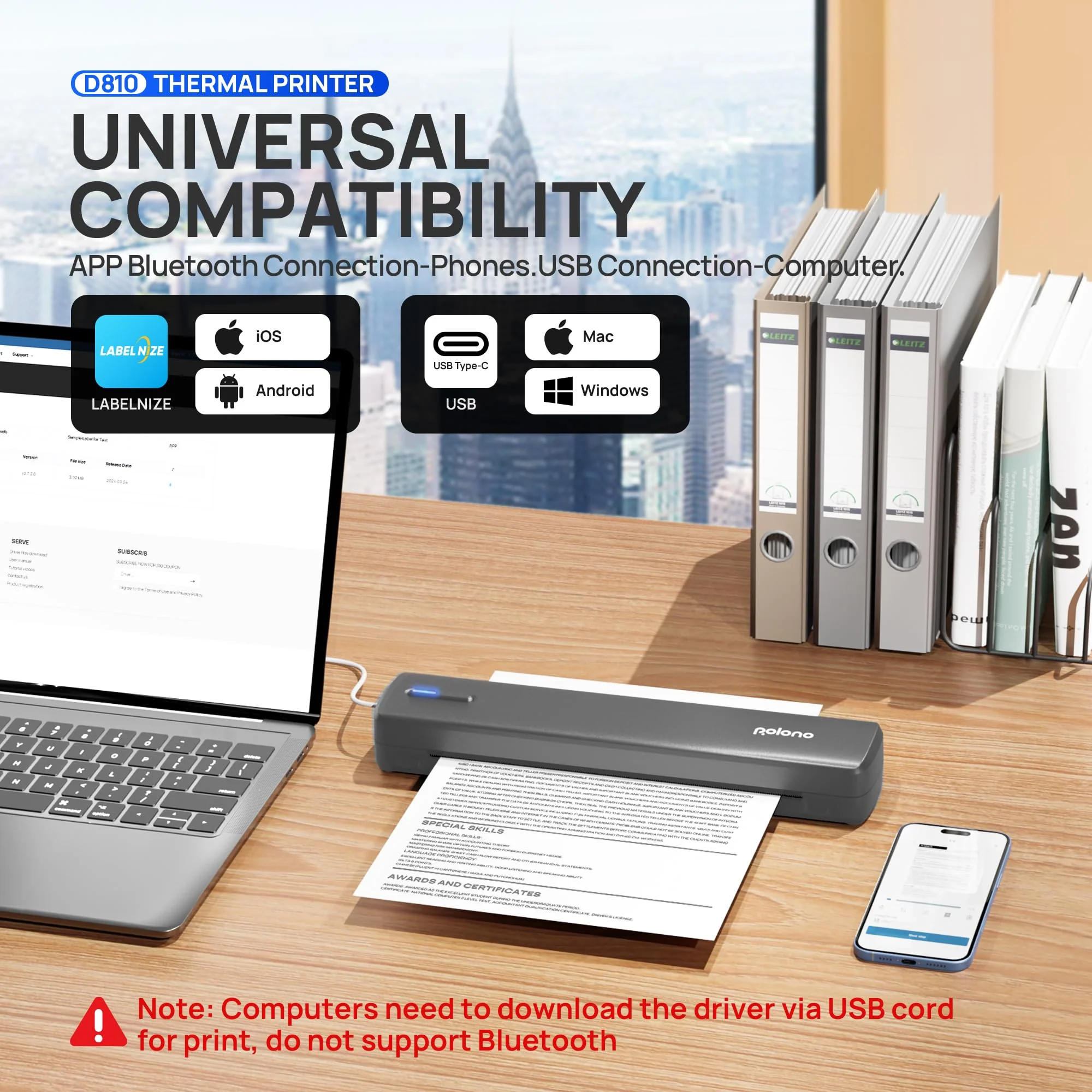 POLONO D810 Thermodrucker A4 Wireless für Reisen, Mobiler Drucker A4 Unterstützung für 8.5"x11" US Brief, Tragbarer drucker Kompatibel mit iOS, Android, Laptop für Büro, Auto, Dunkelgrau - Image 8