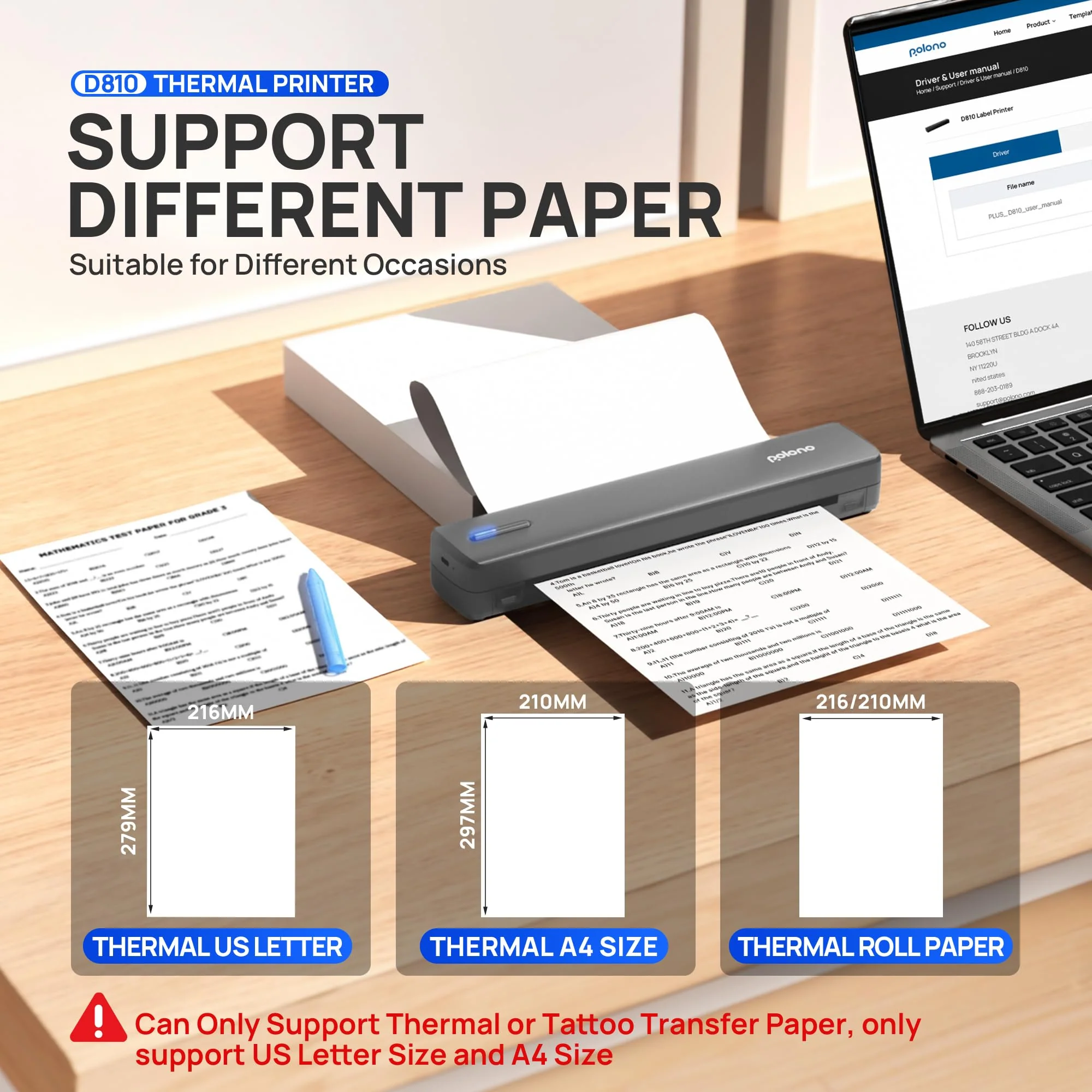 POLONO D810 Thermodrucker A4 Wireless für Reisen, Mobiler Drucker A4 Unterstützung für 8.5"x11" US Brief, Tragbarer drucker Kompatibel mit iOS, Android, Laptop für Büro, Auto, Dunkelgrau - Image 9