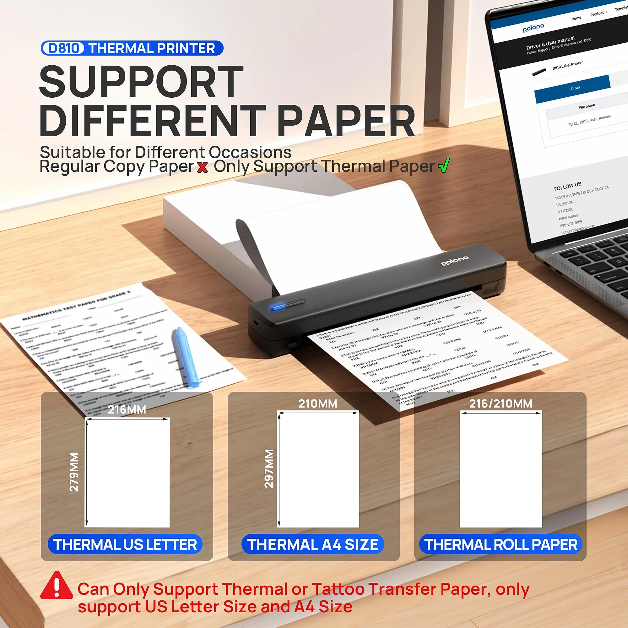 POLONO D810 Thermodrucker A4 Wireless für Reisen, Mobiler Drucker A4 Unterstützung für 8.5"x11" US Brief, Tragbarer drucker Kompatibel mit iOS, Android, Laptop für Büro, Auto, Schwarz - Image 7