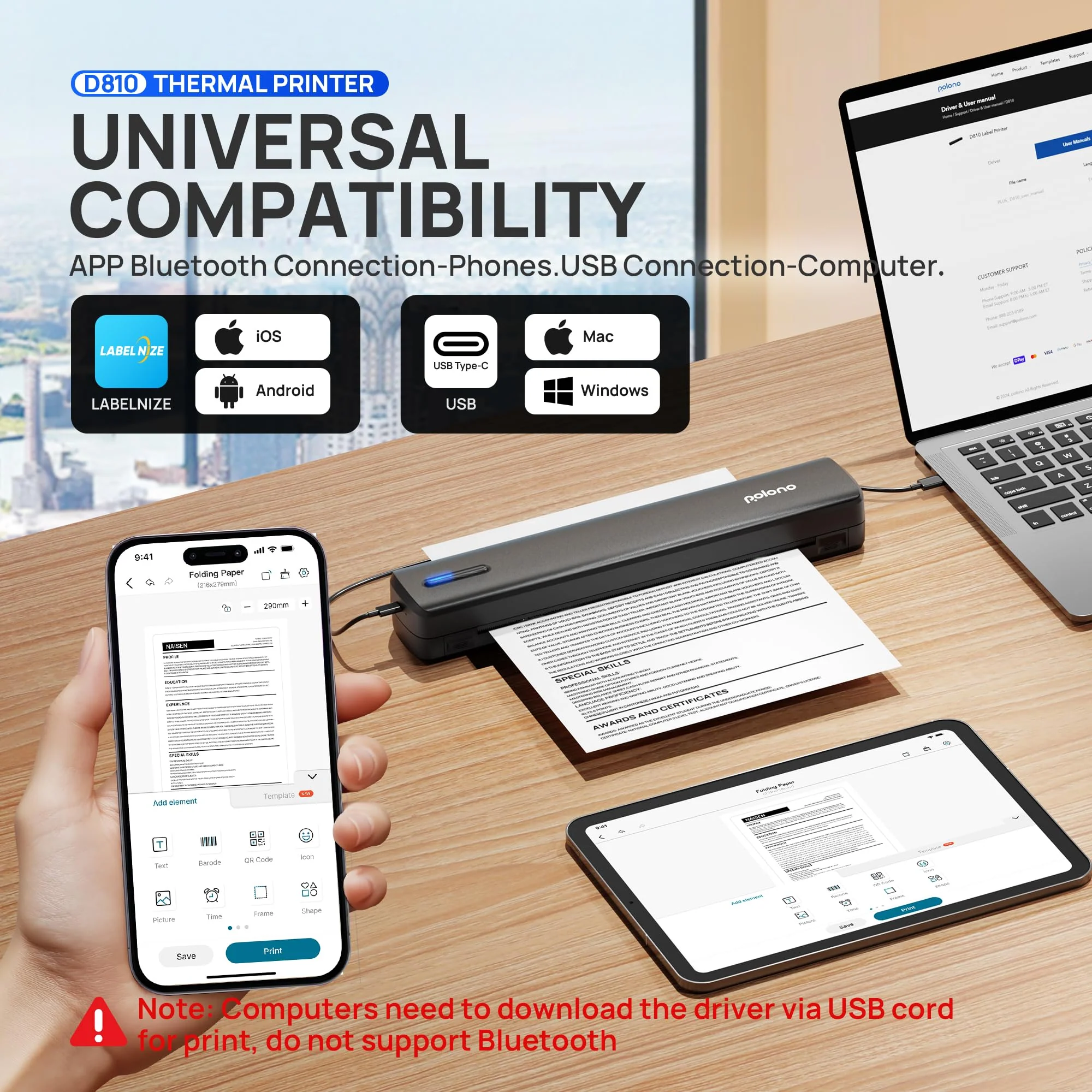 POLONO D810 Thermodrucker A4 Wireless für Reisen, Mobiler Drucker A4 Unterstützung für 8.5"x11" US Brief, Tragbarer drucker Kompatibel mit iOS, Android, Laptop für Büro, Auto, Schwarz - Image 9