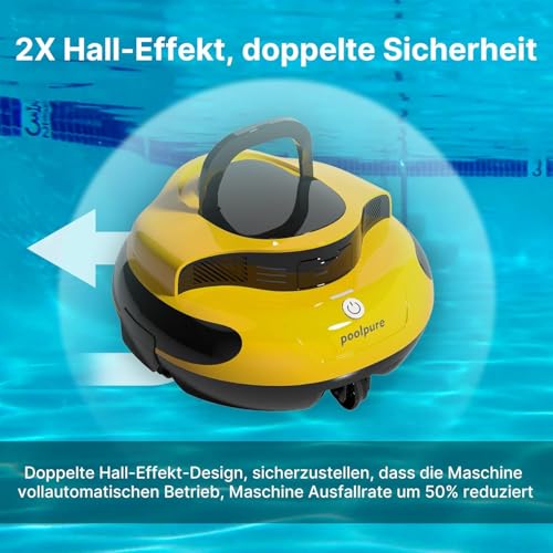 POOLPURE Akku Poolroboter 2026 – Kabelloser Poolsauger mit 100 Min Laufzeit, Automatischer Poolreiniger für Flache Aufstellbecken bis 90㎡, Dual Hall-Sensoren, 5000mAh,IPX8, gelb - Image 5