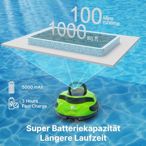 POOLPURE Akku Poolroboter 2026 – Kabelloser Poolsauger mit 100 Min Laufzeit, Automatischer Poolreiniger für Flache Aufstellbecken bis 90m³, Dual Hall-Sensoren, 5000mAh, IPX8,grün - Image 3
