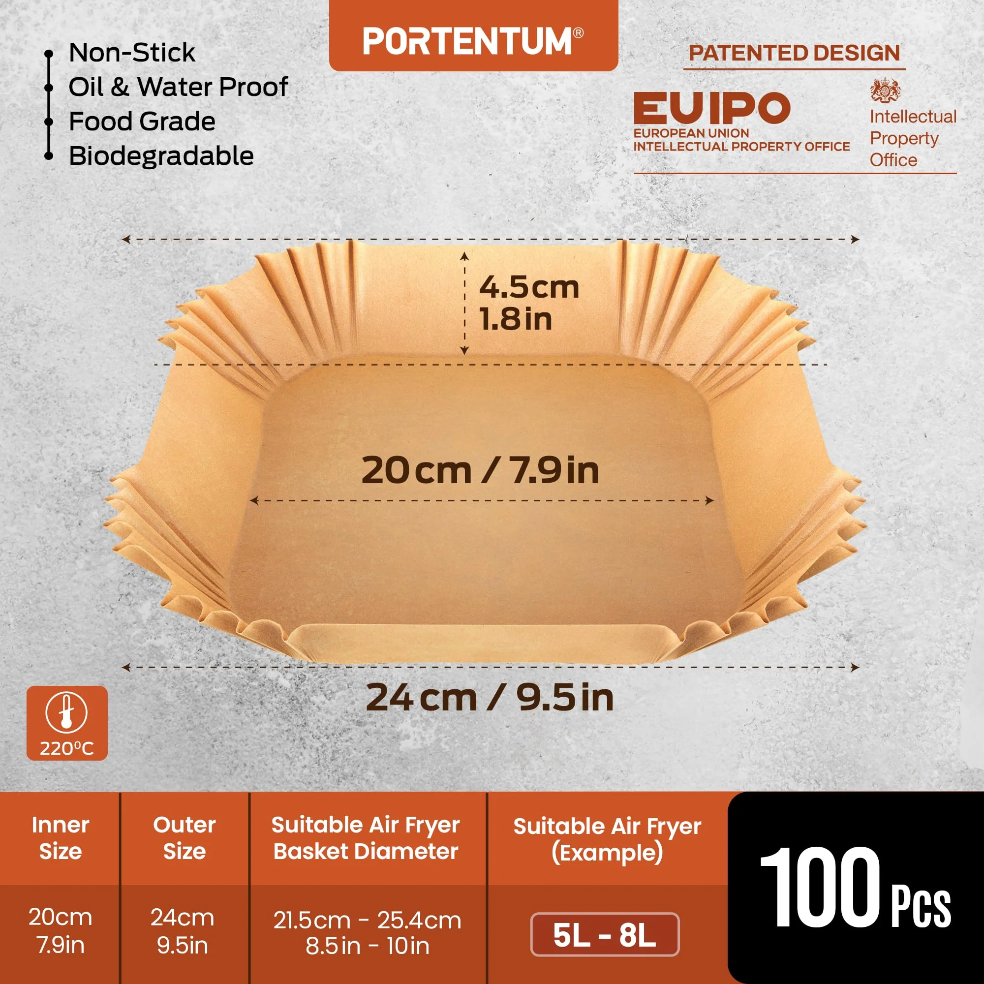 PORTENTUM Backpapier für Heißluftfritteuse 100 Stück, Einweg und ungebleicht. Geeignet für 5 bis 8 Liter. Lebensmittelechtes Backpapier, BPA-frei, FDA- und LFGB-zertifiziert - Image 6