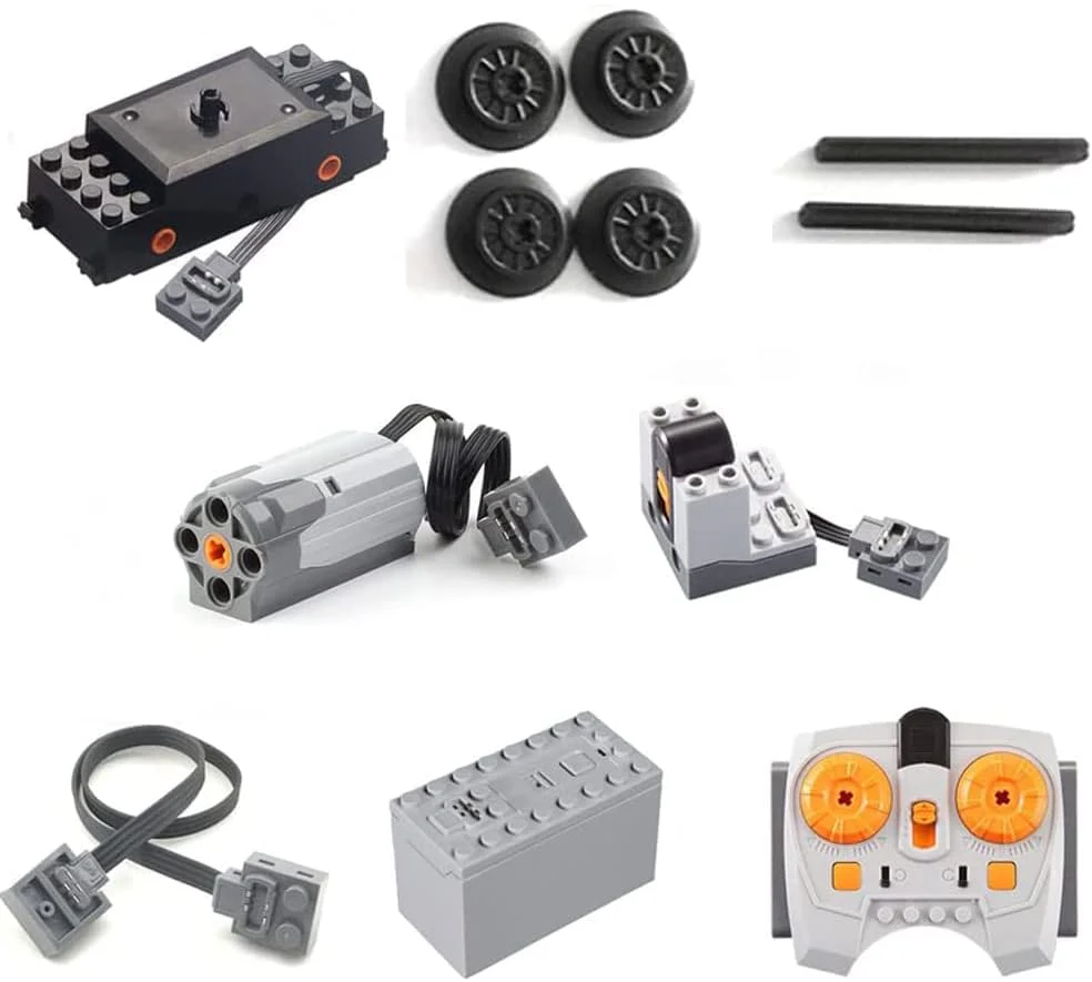 Potenzfunktionen Zug Motor Set inklusive IR Empfänger, Infrarot-Fernsteuerung, Batteriebox, Zugmotor mit Achsen und 4 Rädern, M-Motor, Verlängerungskabel, Technik Motoren Set für Großen Marken Zug