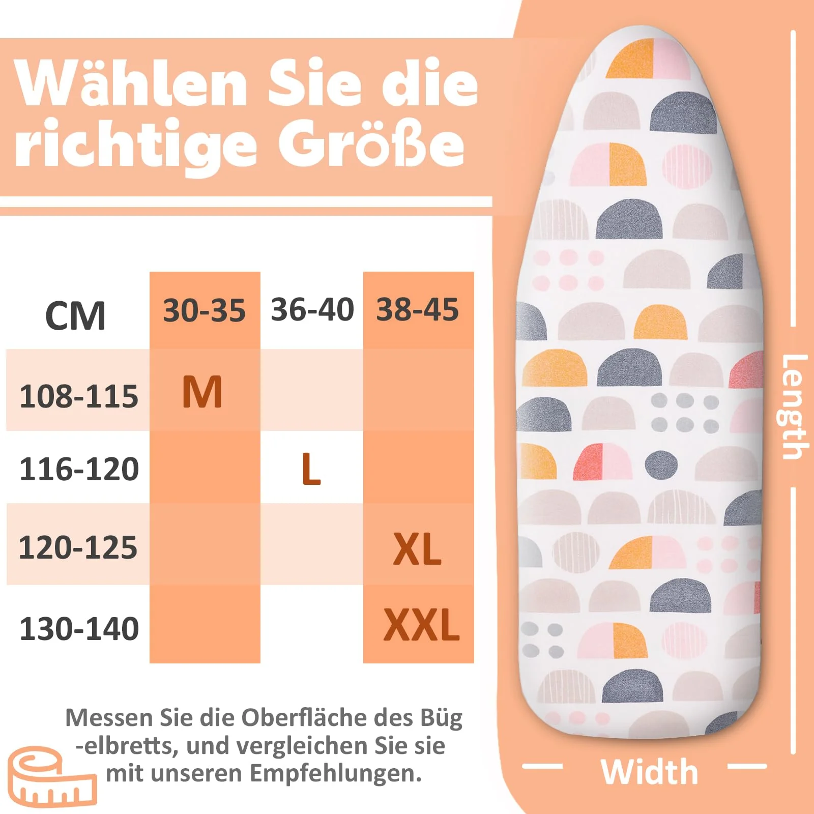 Pottwal Neu Premium-Bügeltischbezug für Schnelles und Einfaches Bügeln, für Dampfbügeleisen, Brauner Halbkreis, 38-45cm x 130-140cm (Größe XXL)