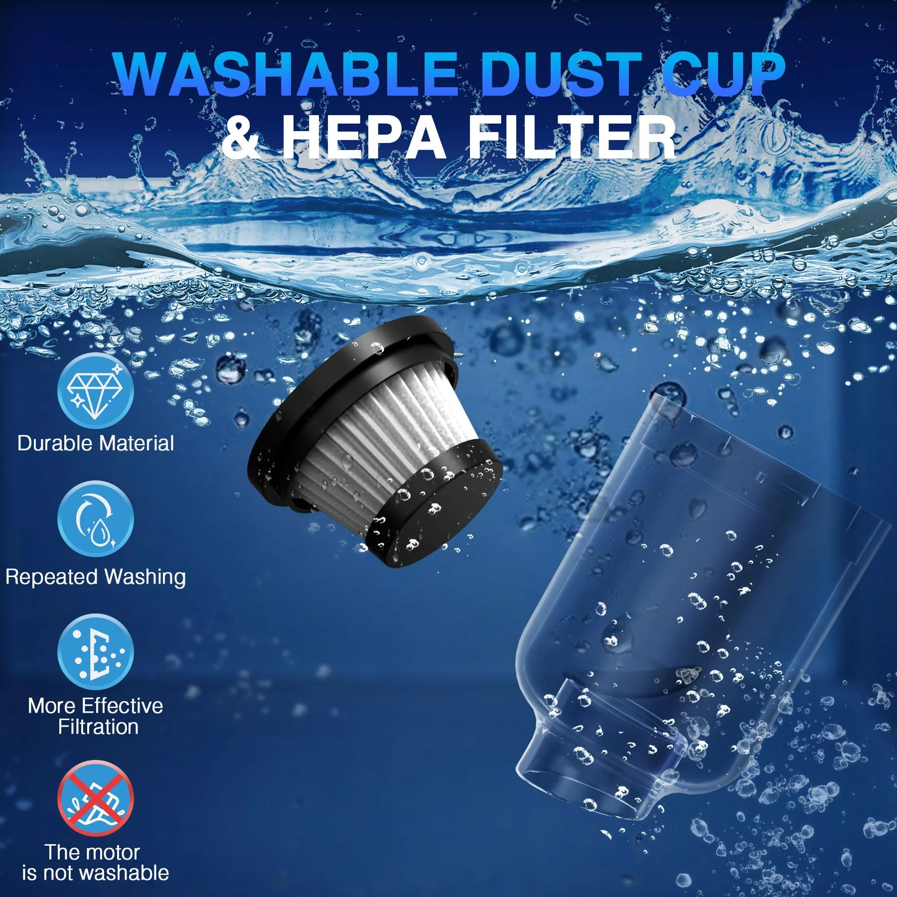 Pourbibi Handstaubsauger, 12000Pa Handstaubsauger Akku Kabellos Nass&Trocken mit 2 Waschbar HEPA-Filter, Autostaubsauger Stark, 2 in 1 Staubsauger Gebläse Für Auto, Haus & Tierhaar Reinigung (No.50) - Image 5