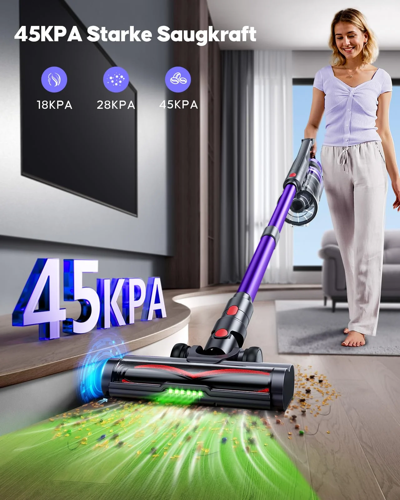 Powerffy Akku Staubsauger 550W/45KPa/60Min, Staubsauger Kabellos mit HD-Display, Aromatherapie, 1,8L-Staubbehälter, Akkustaubsauger grünem LED-Licht Bürste für Teppiche, Hartböden und Tierhaare - Image 2