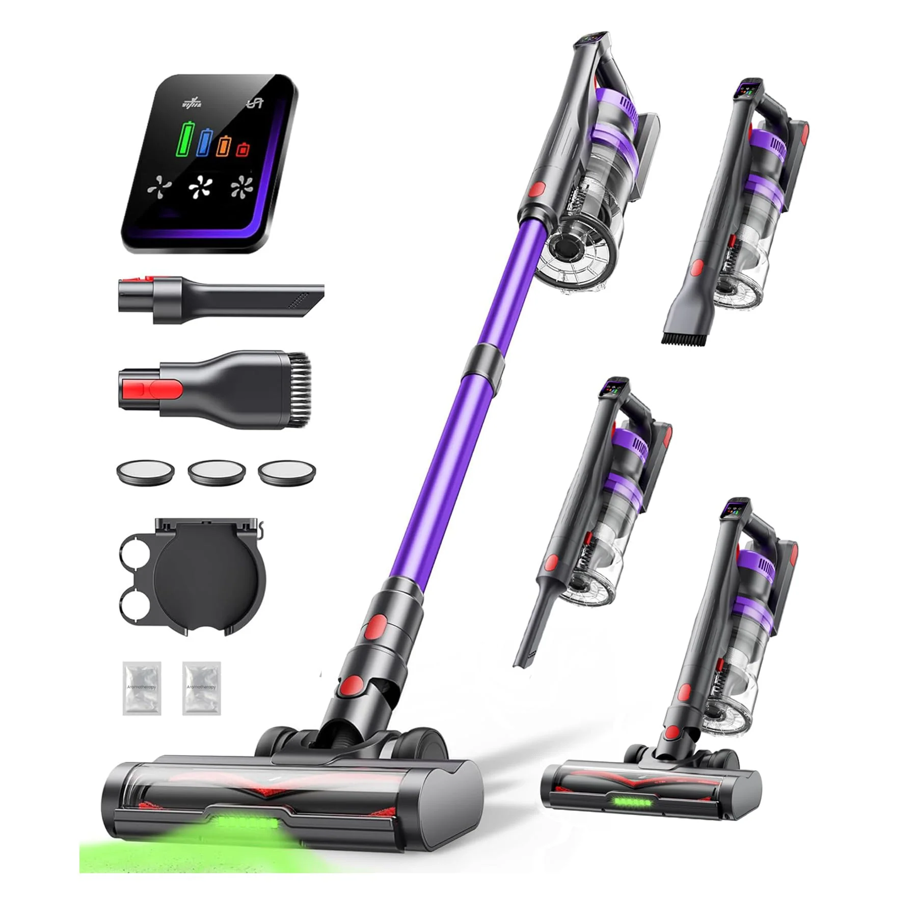 Powerffy Akku Staubsauger 550W/45KPa/60Min, Staubsauger Kabellos mit HD-Display, Aromatherapie, 1,8L-Staubbehälter, Akkustaubsauger grünem LED-Licht Bürste für Teppiche, Hartböden und Tierhaare - Image 4