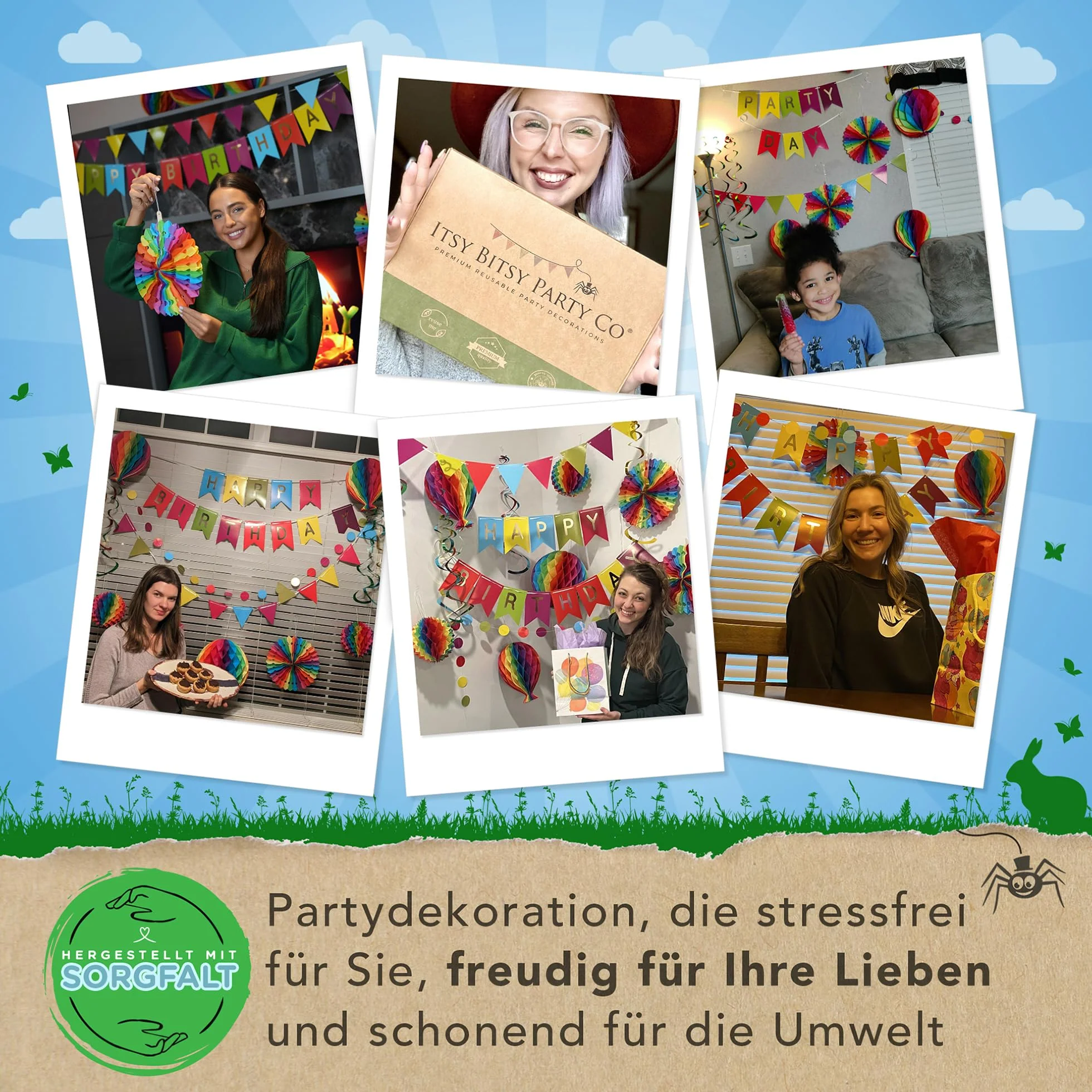 Premium Wiederverwendbare Geburtstagsdeko - Regenbogen Deko Geburtstag / Party Deko - Happy Birthday Girlande, Wimpelkette Geburtstag, Wabenbälle - Happy Birthday Deko (Regenbogen Partydeko) - Image 3