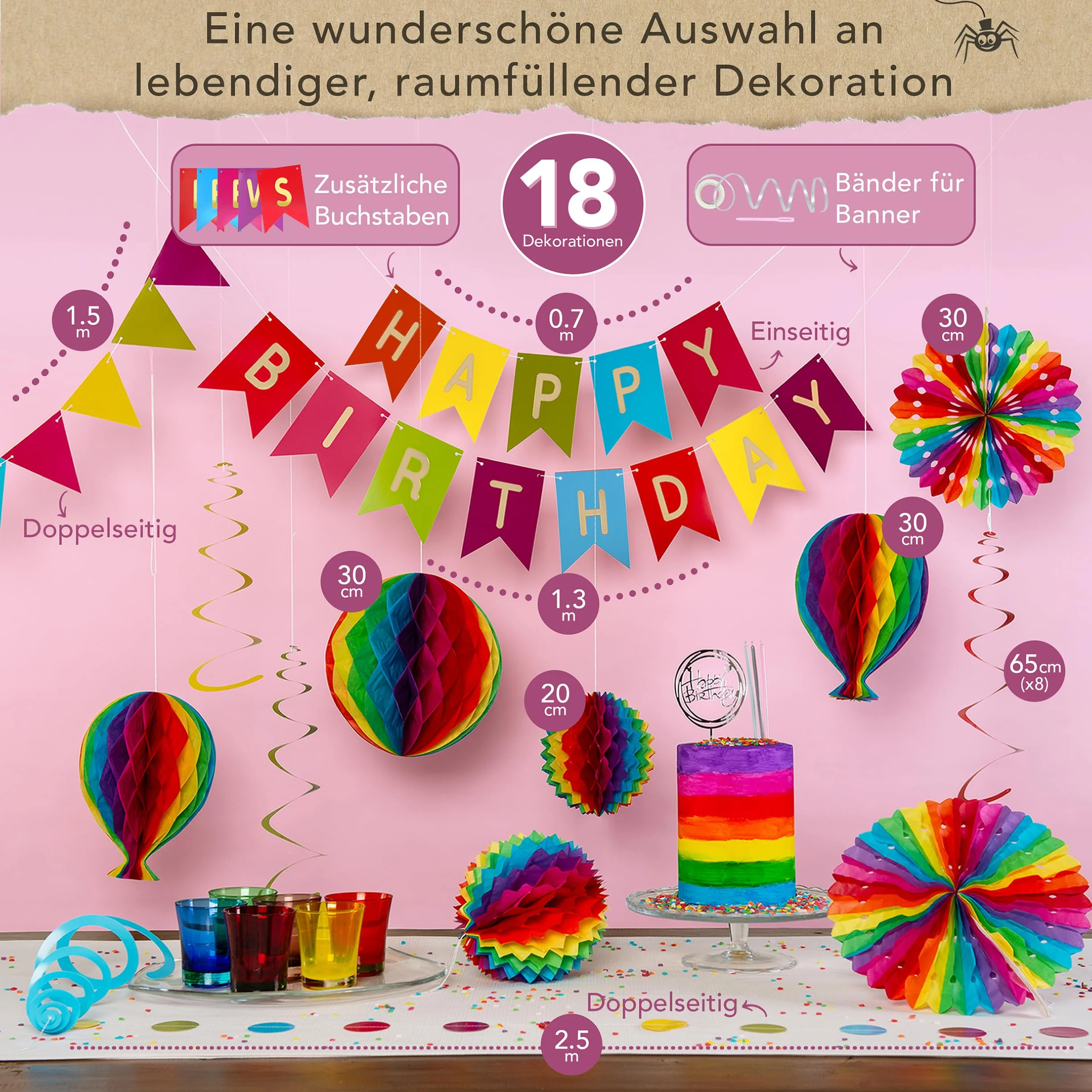 Premium Wiederverwendbare Geburtstagsdeko - Regenbogen Deko Geburtstag / Party Deko - Happy Birthday Girlande, Wimpelkette Geburtstag, Wabenbälle - Happy Birthday Deko (Regenbogen Partydeko) - Image 4