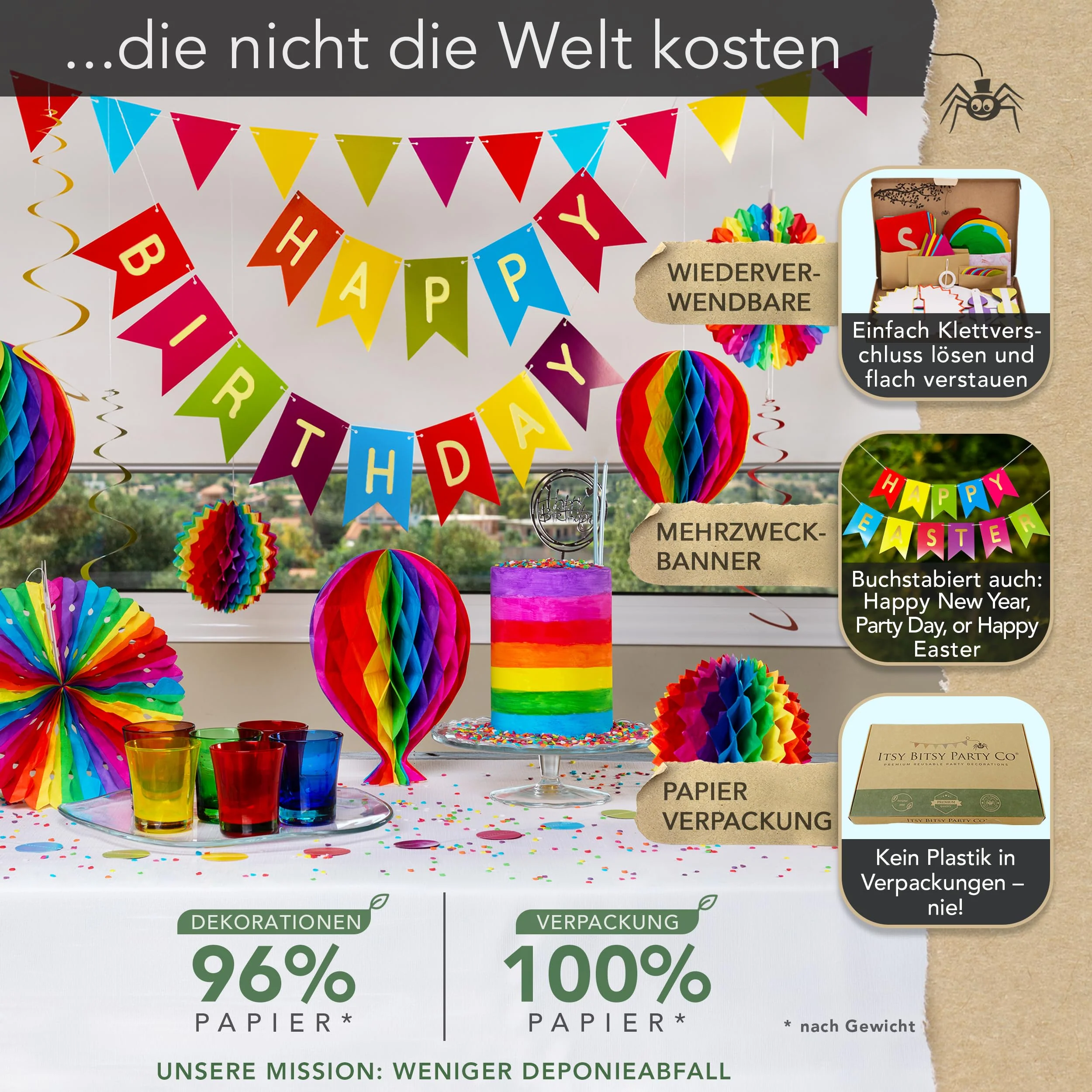 Premium Wiederverwendbare Geburtstagsdeko - Regenbogen Deko Geburtstag / Party Deko - Happy Birthday Girlande, Wimpelkette Geburtstag, Wabenbälle - Happy Birthday Deko (Regenbogen Partydeko) - Image 6