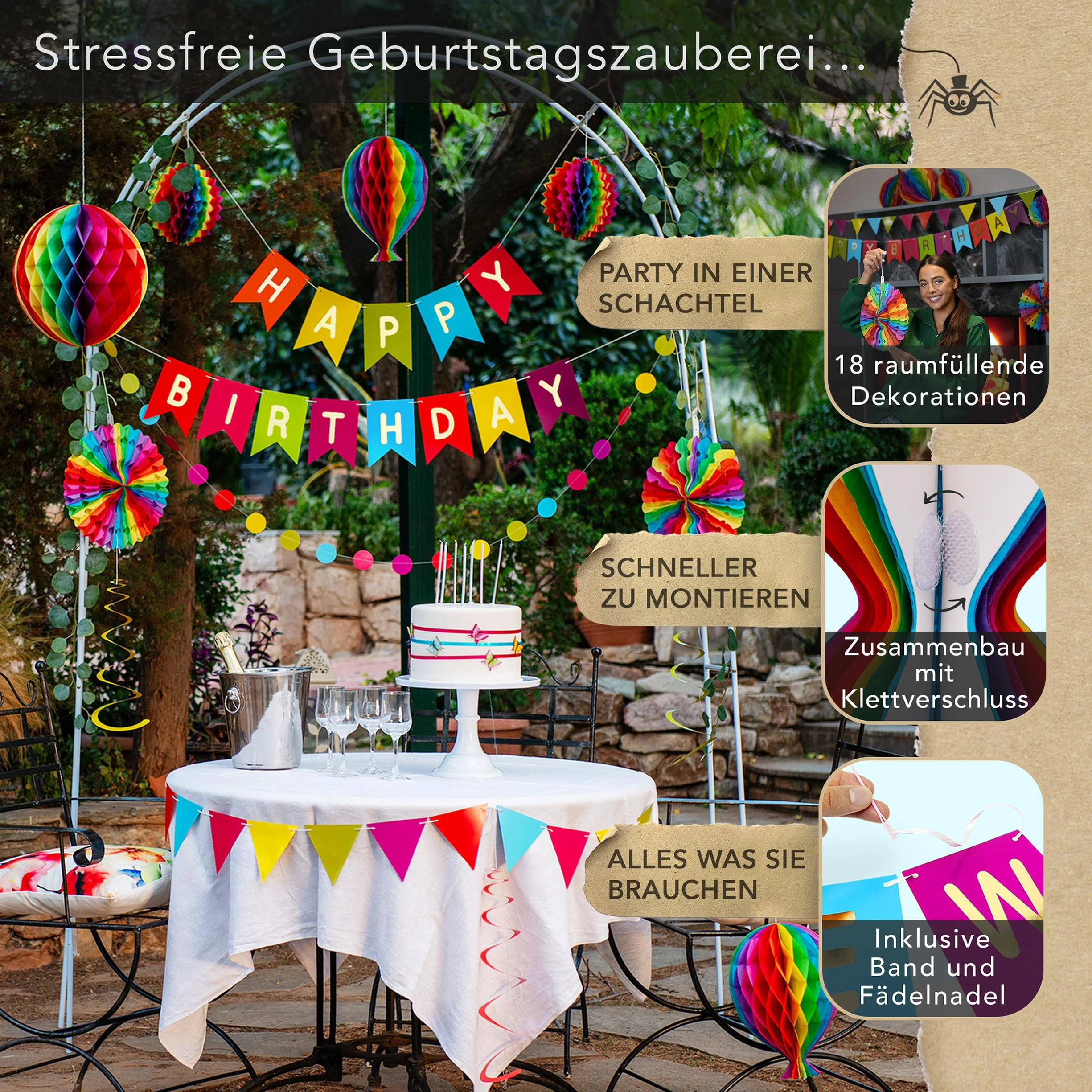 Premium Wiederverwendbare Geburtstagsdeko - Regenbogen Deko Geburtstag / Party Deko - Happy Birthday Girlande, Wimpelkette Geburtstag, Wabenbälle - Happy Birthday Deko (Regenbogen Partydeko) - Image 7