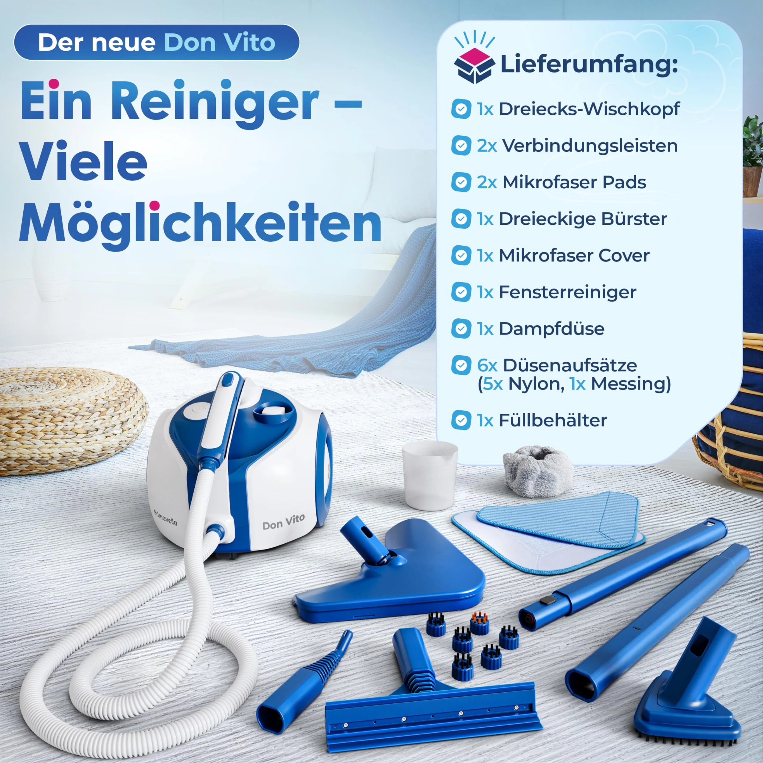 Primavella Dampfreiniger Don Vito – Leistungsstarker Steam Cleaner für Boden, Polstermöbel & Bad – Reiniger Dampf mit 3,5 Bar - 16x Zubehör für Fugen & Sofa – Vielseitige Dampfmaschine - Image 2
