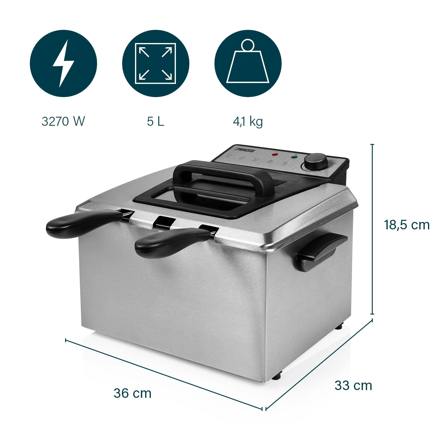 Princess Fritteuse – 3270 Watt, 5 Liter, Thermostat, 3 Frittierkörbe, Kaltzone, 6-7 Personen, 185000, Grau - Image 6