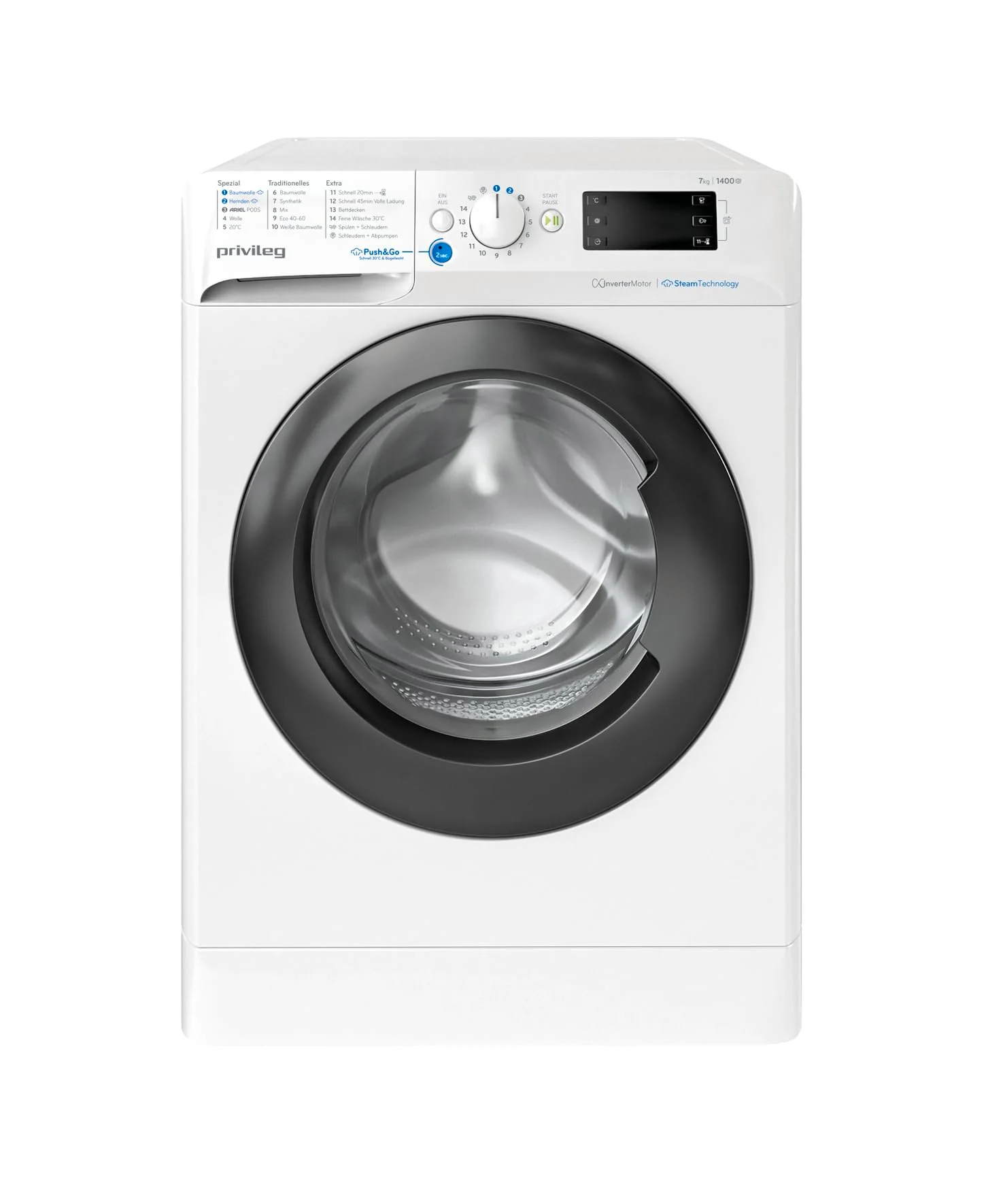 Privileg PWFV X 753 N Waschmaschine Frontlader/1400 U/min/7 kg/EEK B/Push & Go Steam/Schnell 20°/40°/60°, Express 30', Kurz 45'/Inverter-Motor/Mehrfachwasserschutz/Water Balance Plus - Image 3
