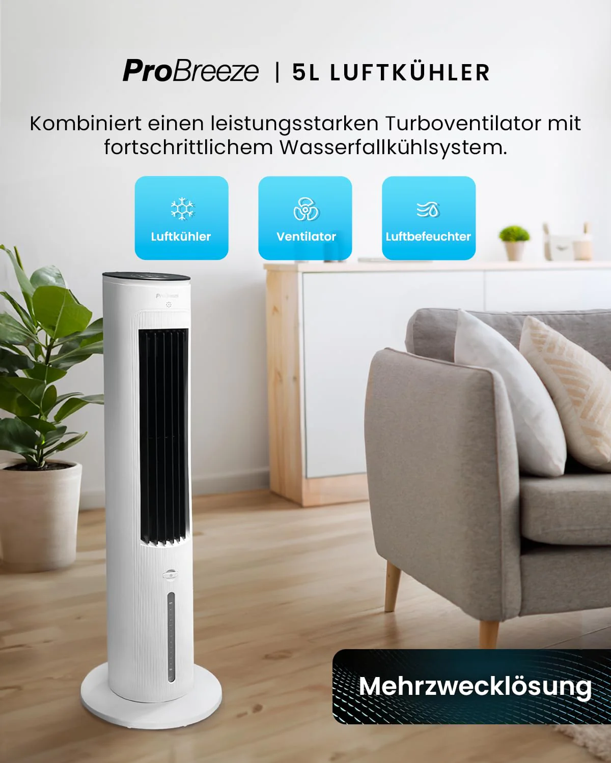 Pro Breeze OmniAir 5L Mobiler Luftkühler - Turmventilator mit Fernbedienung, 3 Gebläsestufen, 4 Modi, Auto 75° Oszillation, 7-Stunden-Timer - Klimagerät mobil ohne Abluftschlauch für Zuhause & Büro - Image 3