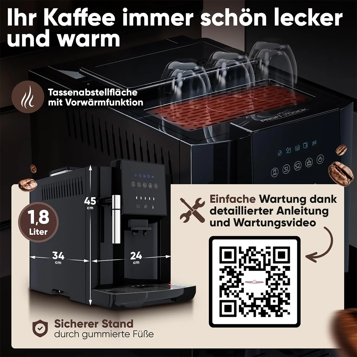 ProfiCook® Kaffeevollautomat mit Milchaufschäumdüse für Cappuccino | Kegelmahlwerk | mit Vorwärmfunktion für Tassen | italienische Profi-Pumpe | Touch-Display | Kaffeemaschine | PC KAV 1281 - Image 4