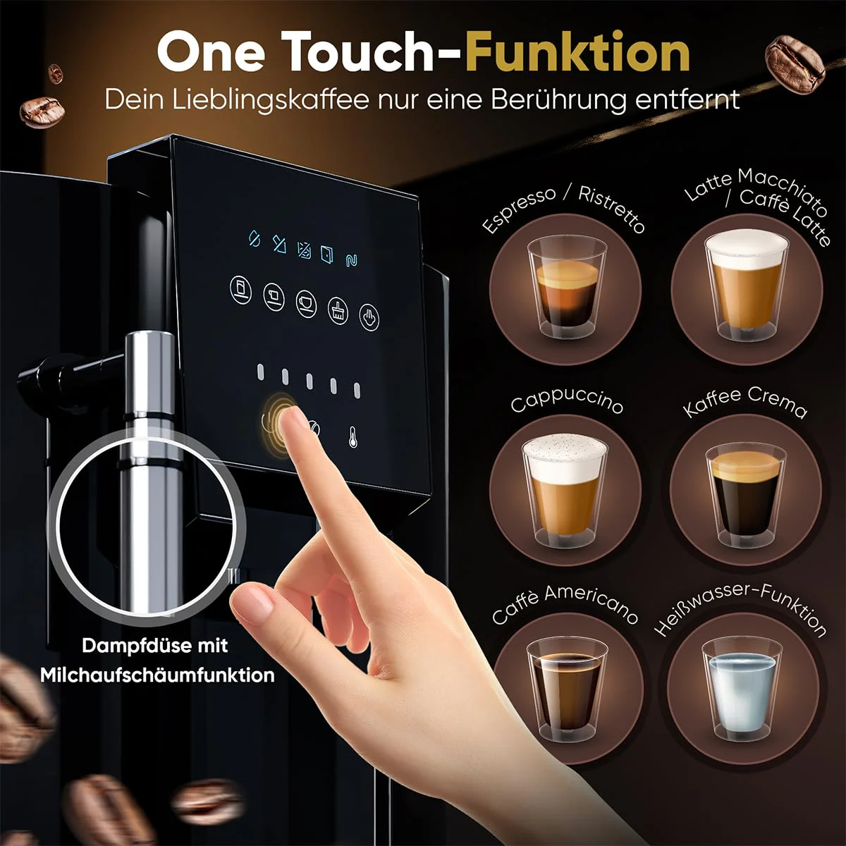 ProfiCook® Kaffeevollautomat mit Milchaufschäumdüse für Cappuccino | Kegelmahlwerk | mit Vorwärmfunktion für Tassen | italienische Profi-Pumpe | Touch-Display | Kaffeemaschine | PC KAV 1281 - Image 6