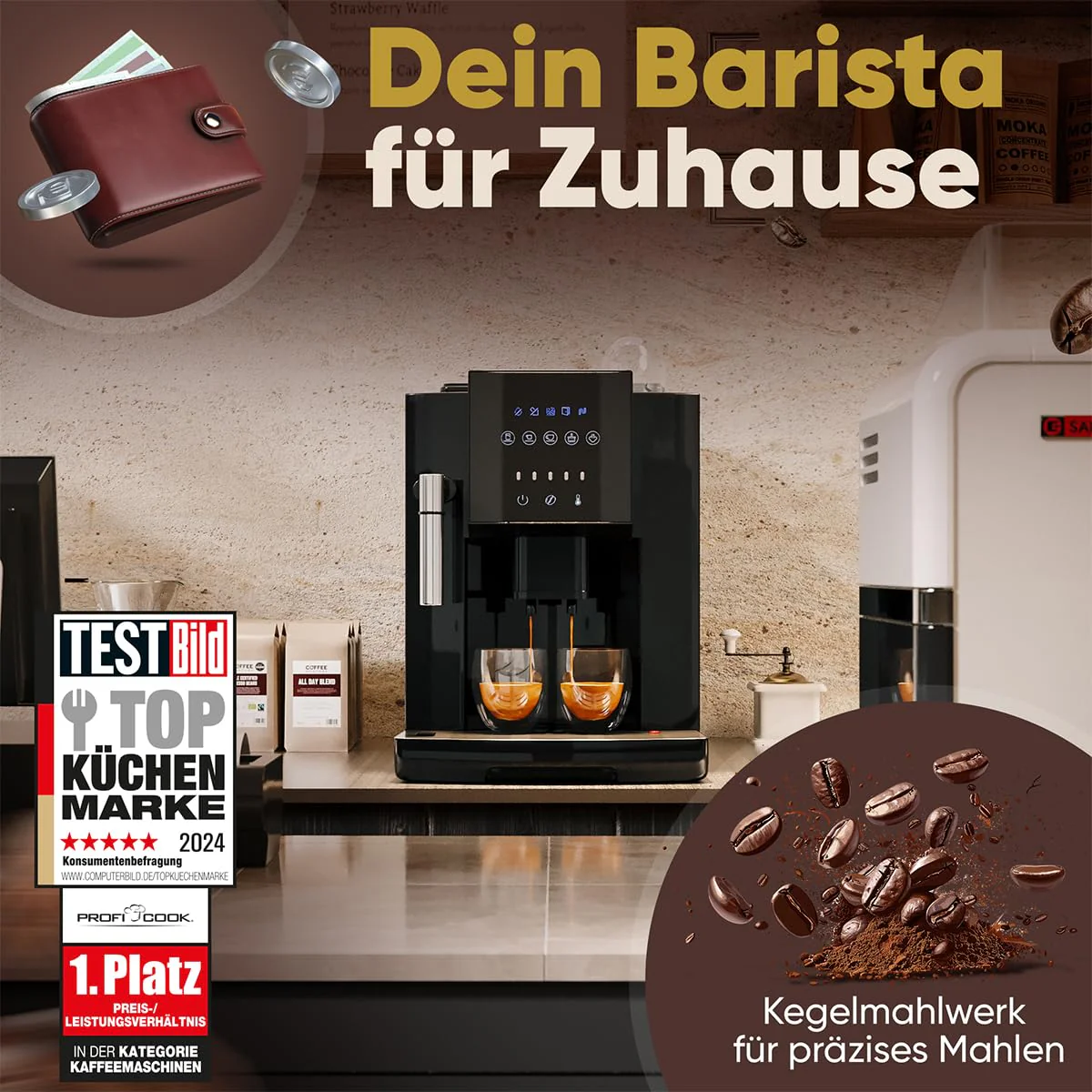 ProfiCook® Kaffeevollautomat mit Milchaufschäumdüse für Cappuccino | Kegelmahlwerk | mit Vorwärmfunktion für Tassen | italienische Profi-Pumpe | Touch-Display | Kaffeemaschine | PC KAV 1281 - Image 7