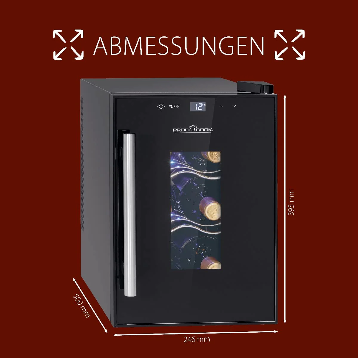 ProfiCook® Weinkühlschrank für 6 Flaschen, Getränkekühlschrank mit UV-beständiger Glastür, Weinkühler mit LED-Beleuchtung u. 3 Lagerebenen davon 2 herausnehmbar, Bereich: 11-18°C, 17L - PC-WK 1230 - Image 15