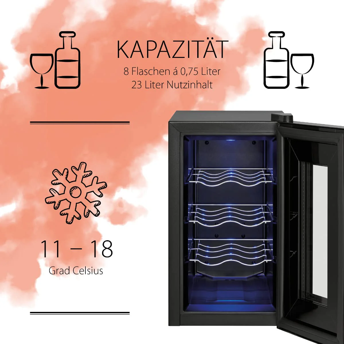ProfiCook® Weinkühlschrank für 6 Flaschen, Getränkekühlschrank mit UV-beständiger Glastür, Weinkühler mit LED-Beleuchtung u. 3 Lagerebenen davon 2 herausnehmbar, Bereich: 11-18°C, 17L - PC-WK 1232 - Image 11