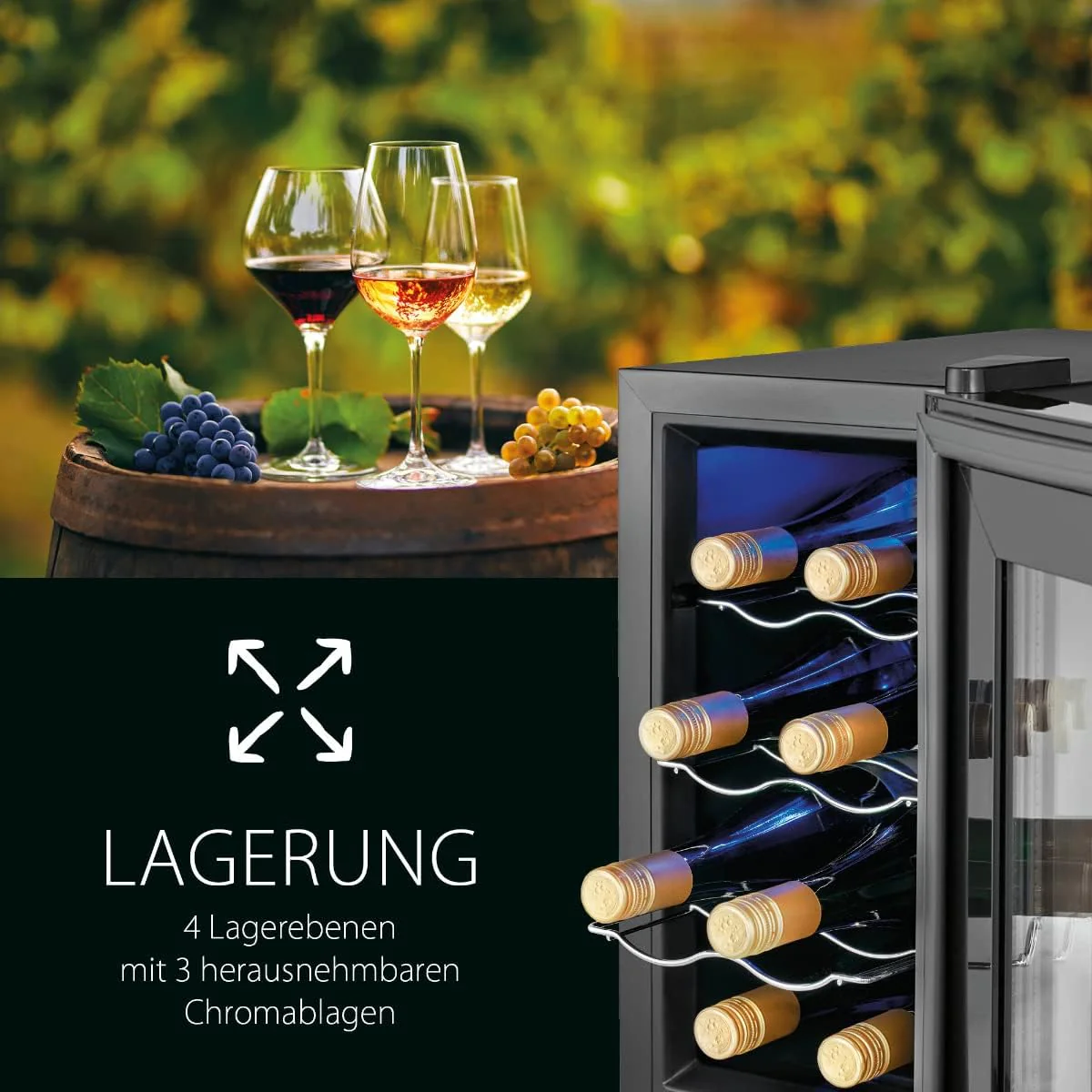ProfiCook® Weinkühlschrank für 6 Flaschen, Getränkekühlschrank mit UV-beständiger Glastür, Weinkühler mit LED-Beleuchtung u. 3 Lagerebenen davon 2 herausnehmbar, Bereich: 11-18°C, 17L - PC-WK 1232 - Image 5