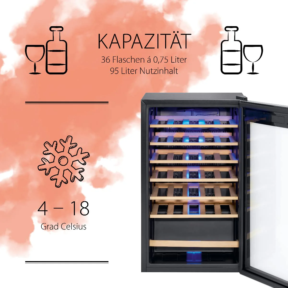 ProfiCook Weinkühlschrank | 36 Flaschen | Getränkekühlschrank | UV-beständige Glastür | Weinkühler | LED-Beleuchtung | 7 Lagerebenen - Davon 6 herausnehmbar | 4-18°C | PC-WK 1235 - Image 3