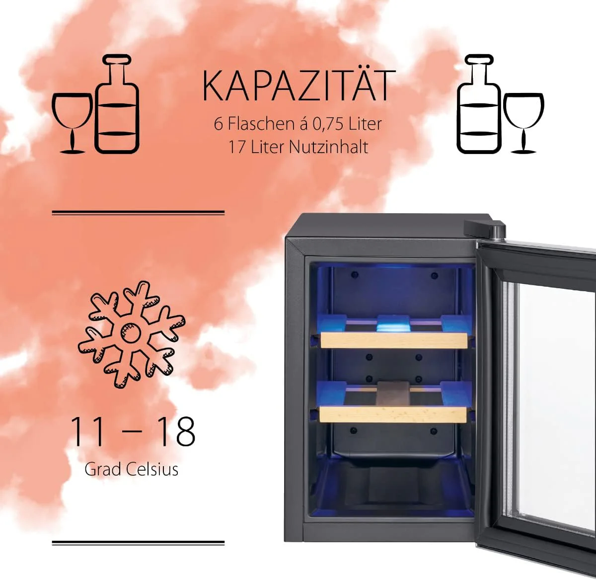 ProfiCook Weinkühlschrank | 6 Flaschen | Getränkekühlschrank | UV-beständige Glastür | Weinkühler | LED-Beleuchtung | 3 Lagerebenen - Davon 2 herausnehmbar | 11-18°C | PC-WK 1231 - Image 2