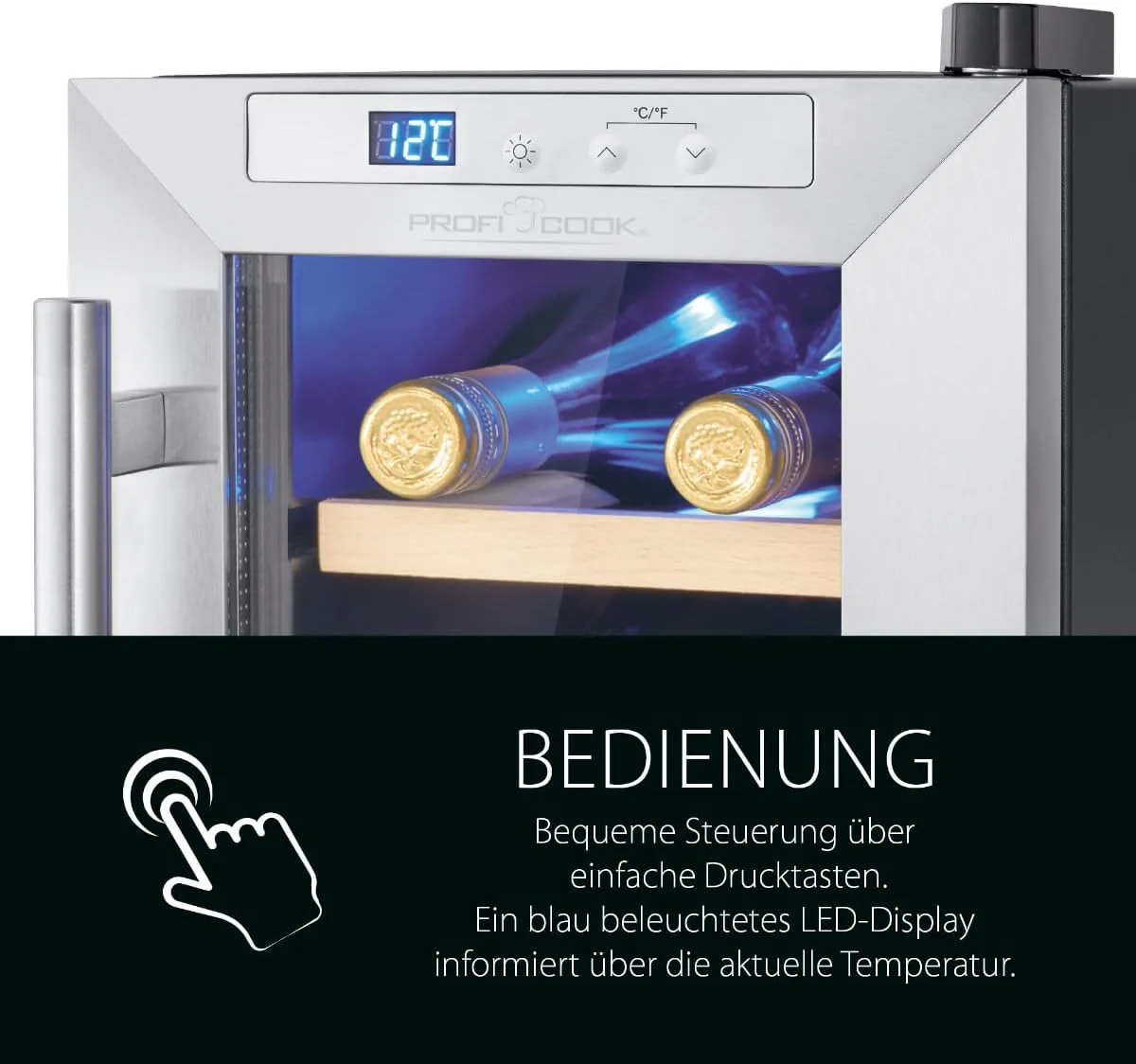 ProfiCook Weinkühlschrank | 6 Flaschen | Getränkekühlschrank | UV-beständige Glastür | Weinkühler | LED-Beleuchtung | 3 Lagerebenen - Davon 2 herausnehmbar | 11-18°C | PC-WK 1231 - Image 4