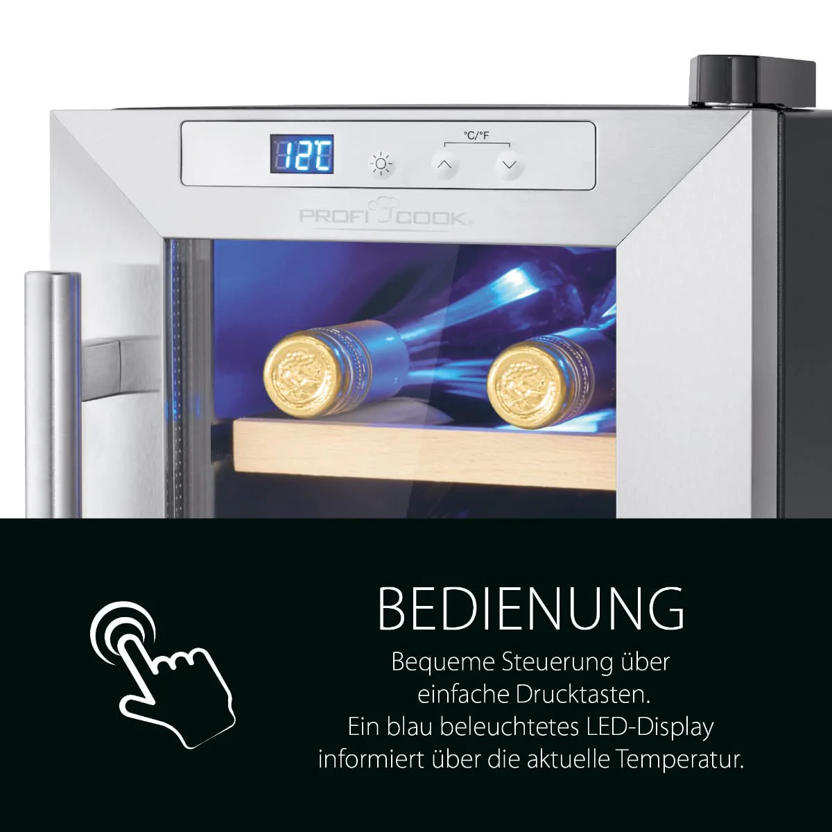 ProfiCook Weinkühlschrank | 6 Flaschen | Getränkekühlschrank | UV-beständige Glastür | Weinkühler | LED-Beleuchtung | 3 Lagerebenen - Davon 2 herausnehmbar | 11-18°C | PC-WK 1231 - Image 5