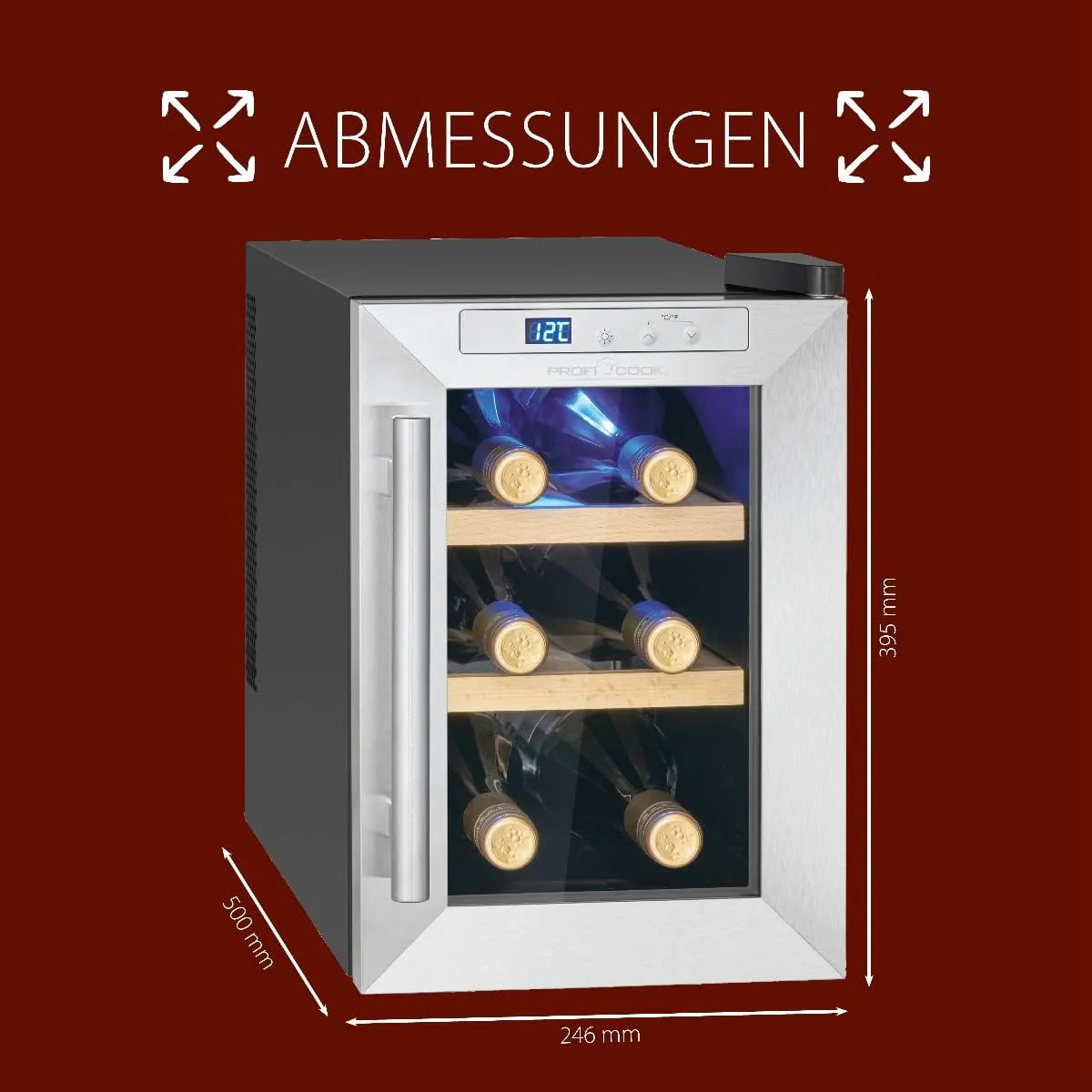 ProfiCook Weinkühlschrank | 6 Flaschen | Getränkekühlschrank | UV-beständige Glastür | Weinkühler | LED-Beleuchtung | 3 Lagerebenen - Davon 2 herausnehmbar | 11-18°C | PC-WK 1231 - Image 6