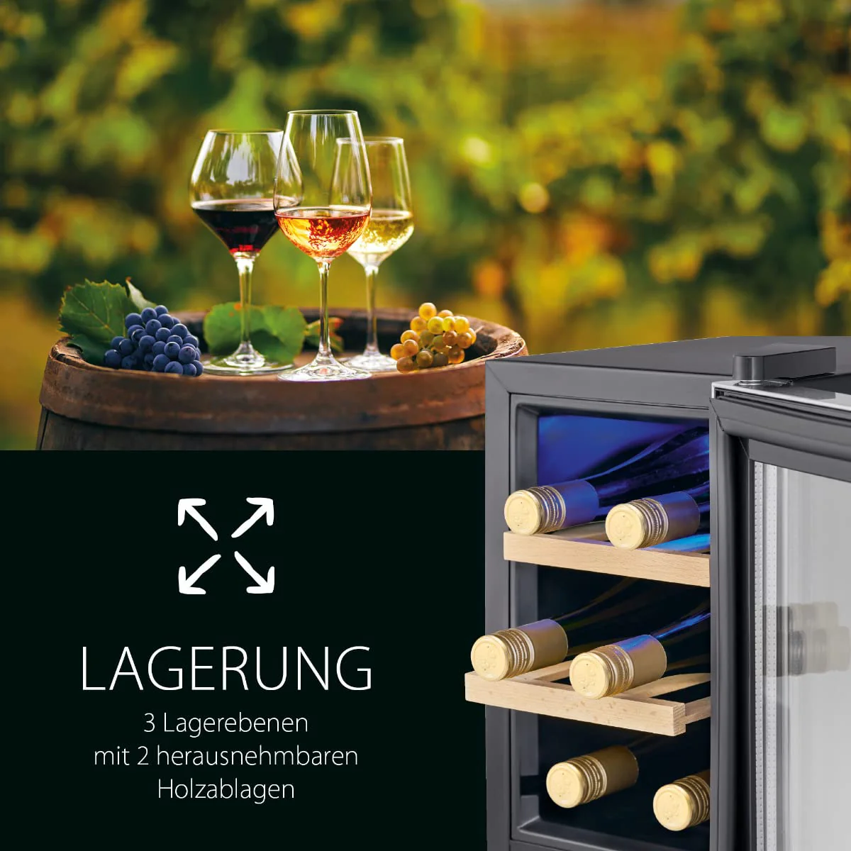 ProfiCook Weinkühlschrank | 6 Flaschen | Getränkekühlschrank | UV-beständige Glastür | Weinkühler | LED-Beleuchtung | 3 Lagerebenen - Davon 2 herausnehmbar | 11-18°C | PC-WK 1231 - Image 7