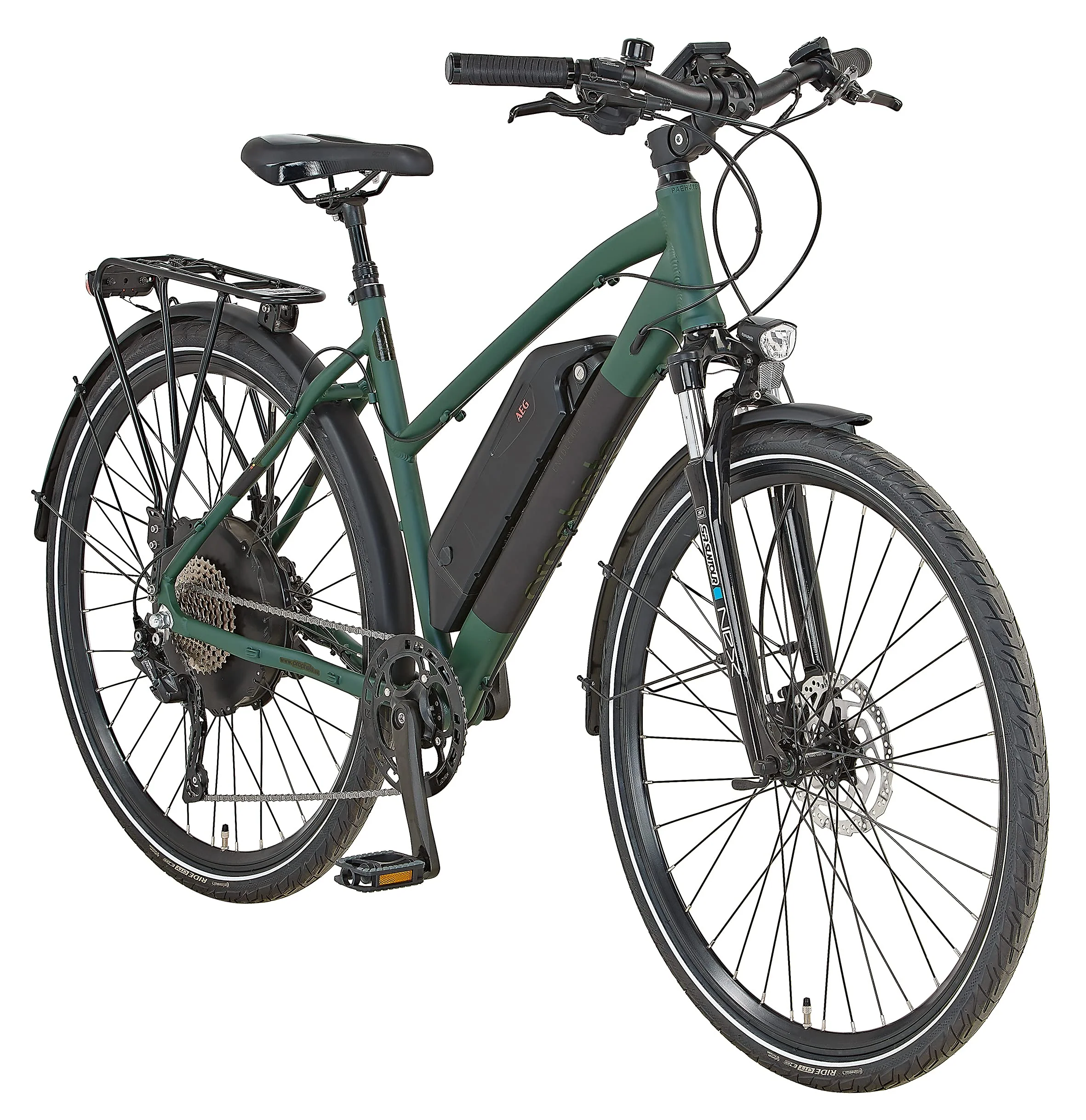 Prophete Entdecker E-Bike eT300 | Erwachsene Elektrofahrrad Damen/Herren/Unisex | Pedelec Trekking 28" mit Hinterradmotor | 10-Gang Kettenschaltung | Matt Grün / Olivgrün