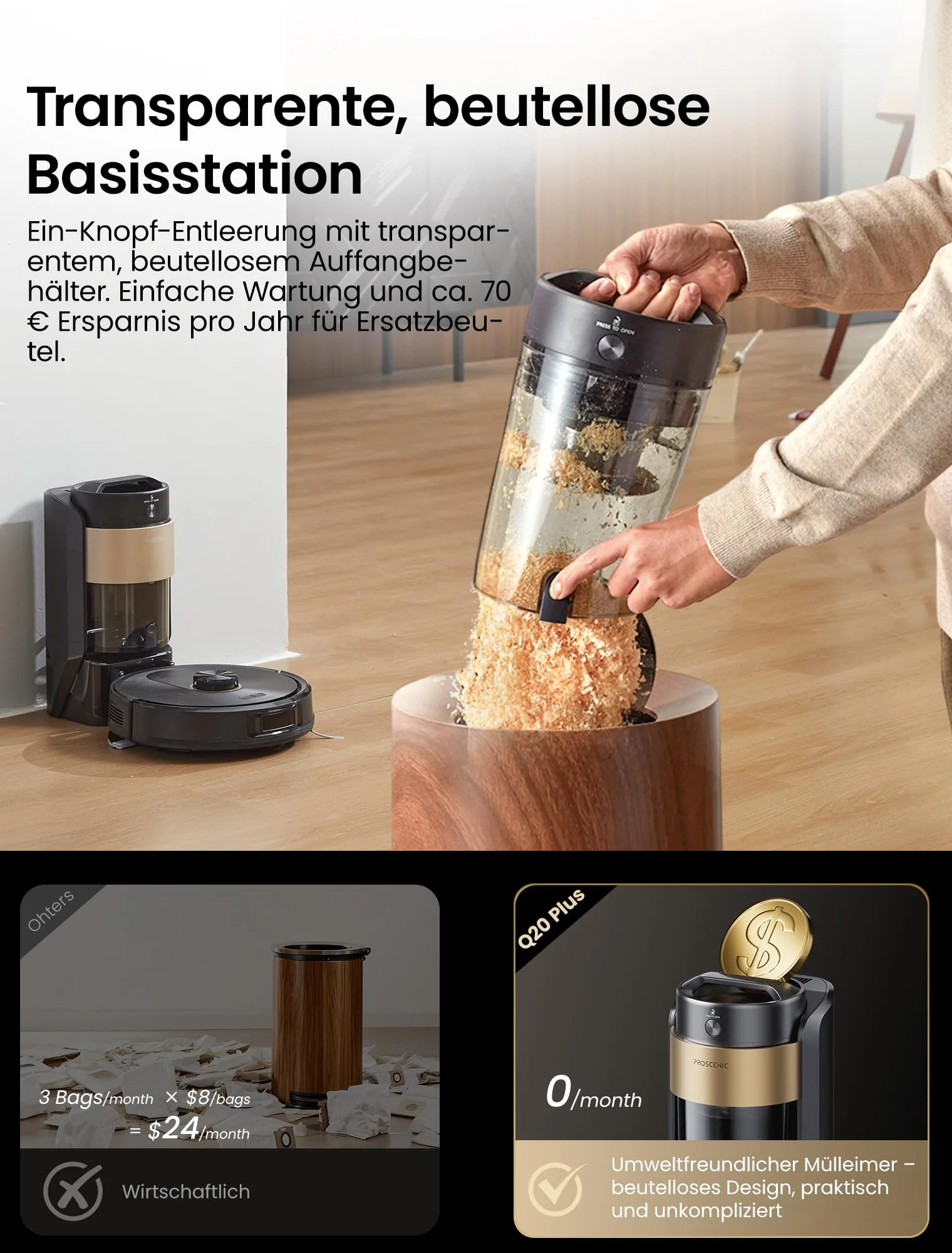 Proscenic Q20Plus Saugroboter mit Wischfunktion, 10000Pa 200min Staubsauger Roboter mit Beutellose Entleerungsstation, 3-in-1 Saug und Wischroboter für Tierhaare, Teppiche, Hartböden, Schwarz - Image 10