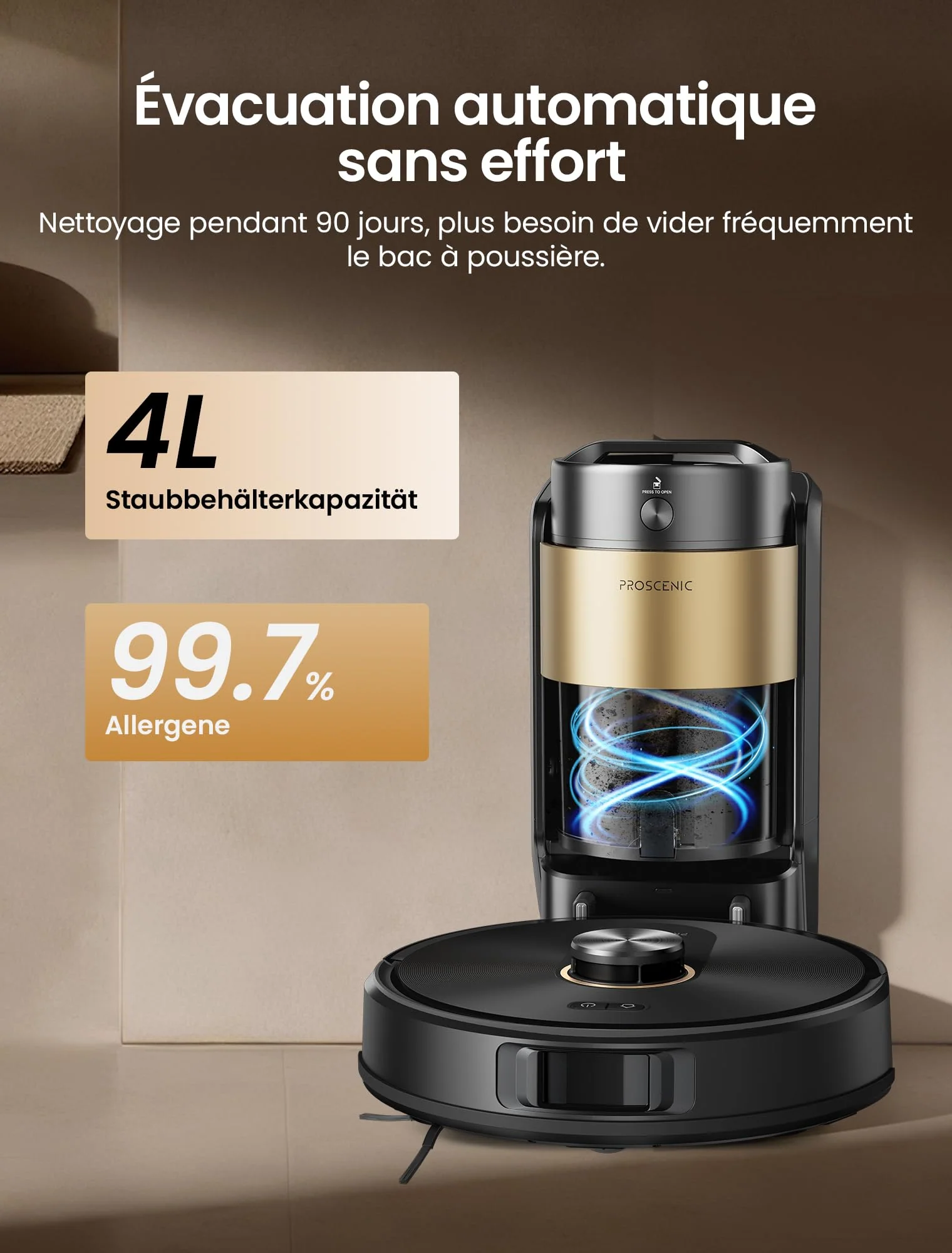 Proscenic Q20Plus Saugroboter mit Wischfunktion, 10000Pa 200min Staubsauger Roboter mit Beutellose Entleerungsstation, 3-in-1 Saug und Wischroboter für Tierhaare, Teppiche, Hartböden, Schwarz - Image 9